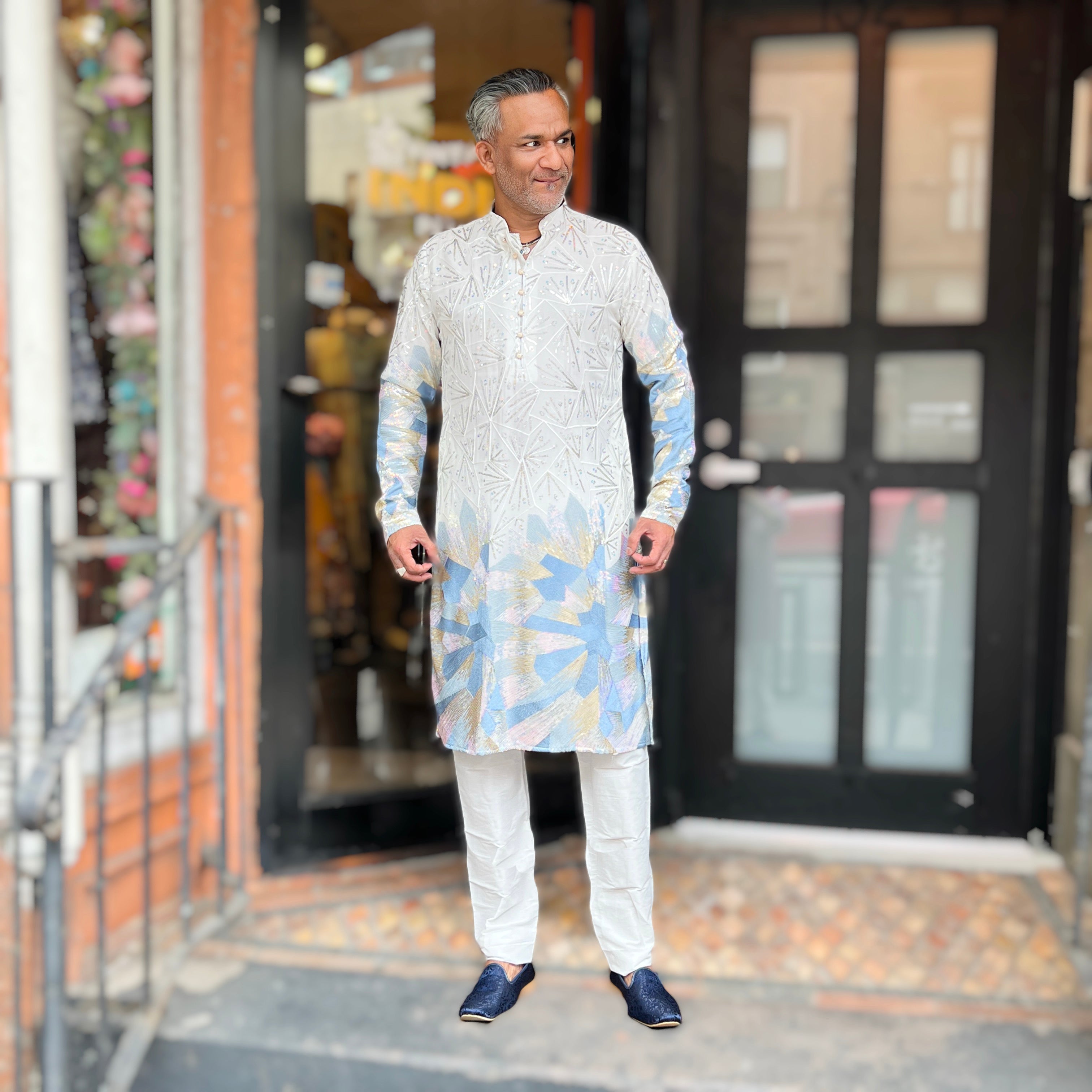 Ivory Ice Blue Heavy Sequin Kurta - Vintage India NYC