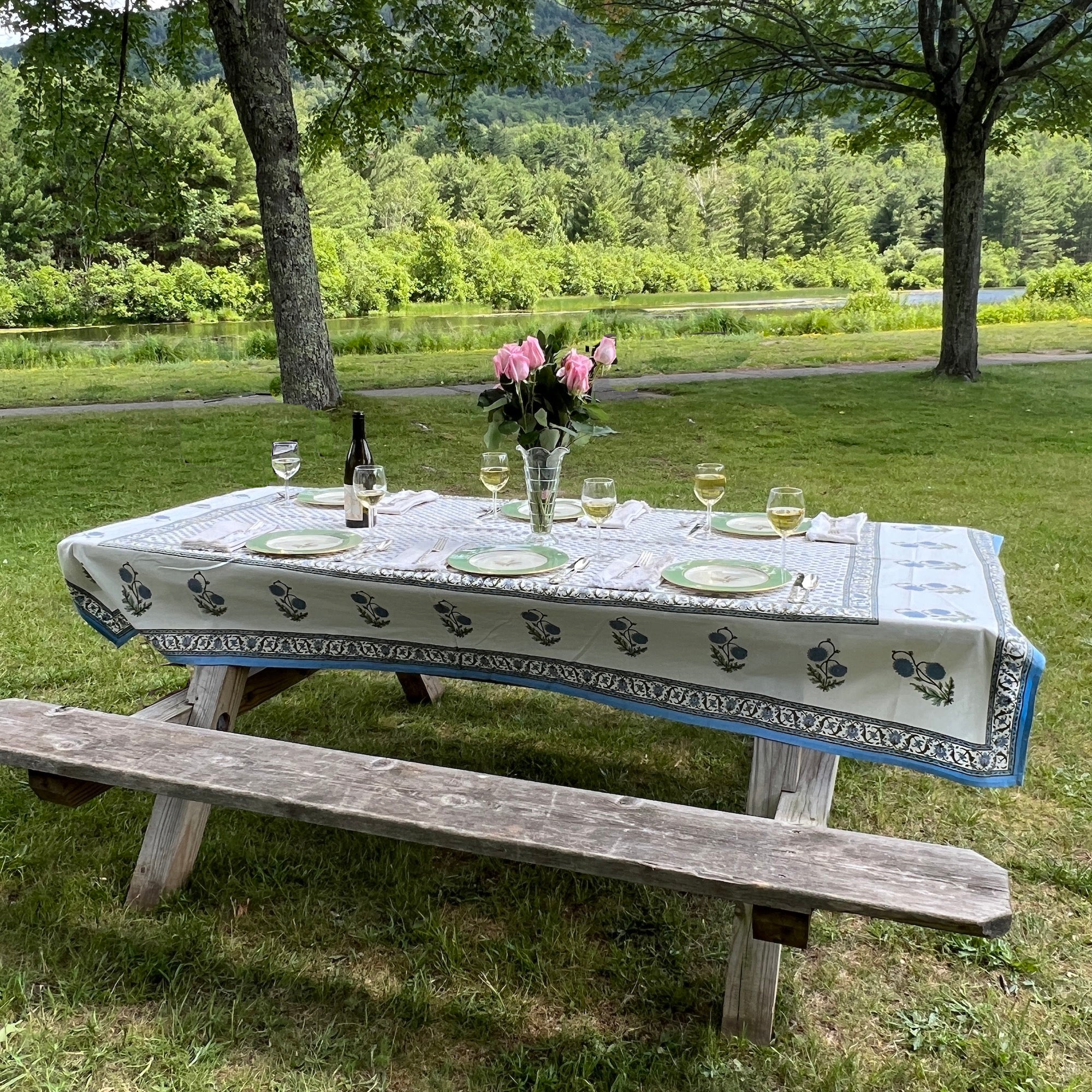 Provencal Style Block Print Tablecloth 60 X 90- 2 Colors - Vintage India NYC