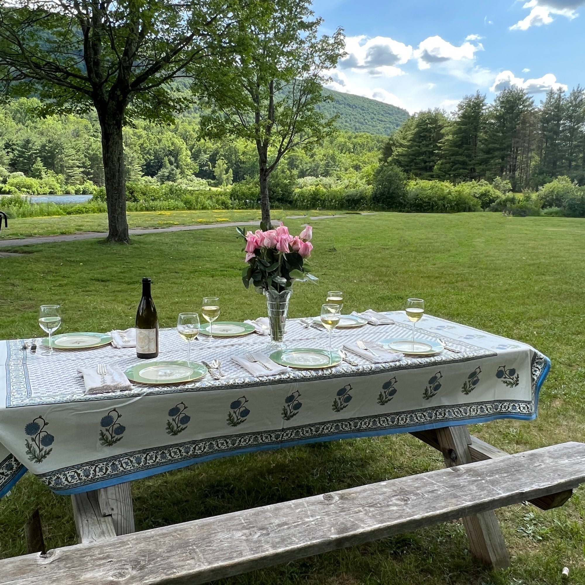 Provencal Style Block Print Tablecloth 60 X 90- 2 Colors - Vintage India NYC