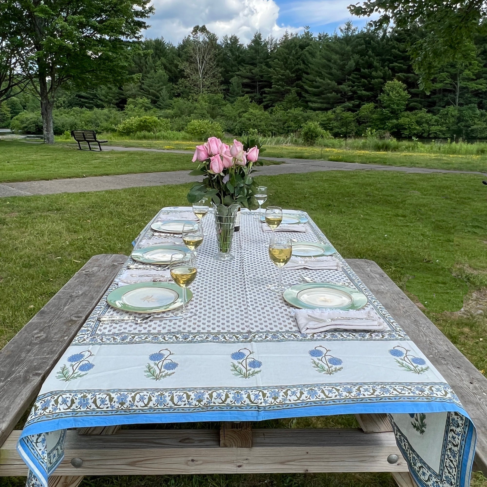 Provencal Style Block Print Tablecloth 60 X 90- 2 Colors - Vintage India NYC