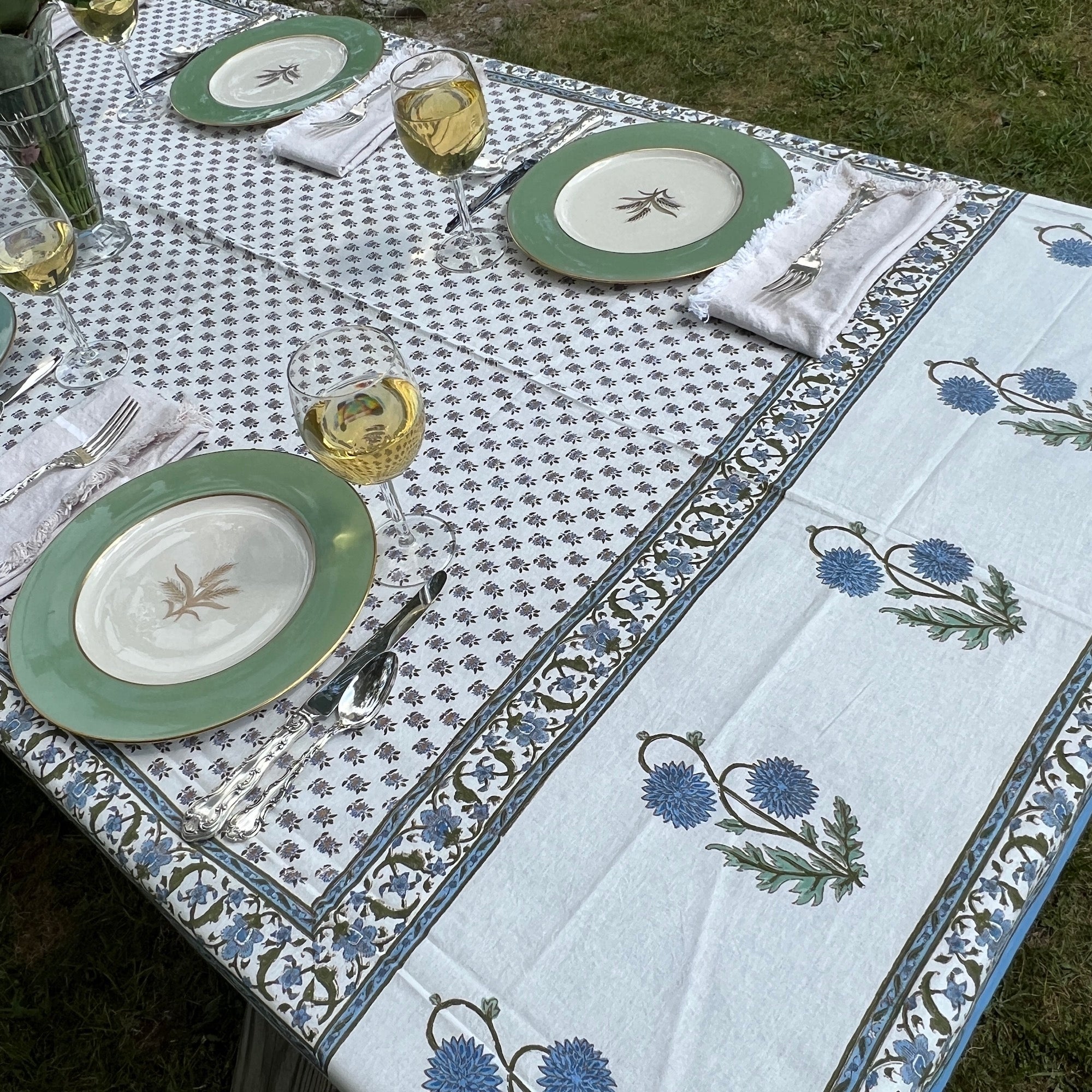 Provencal Style Block Print Tablecloth 60 X 90- 2 Colors - Vintage India NYC