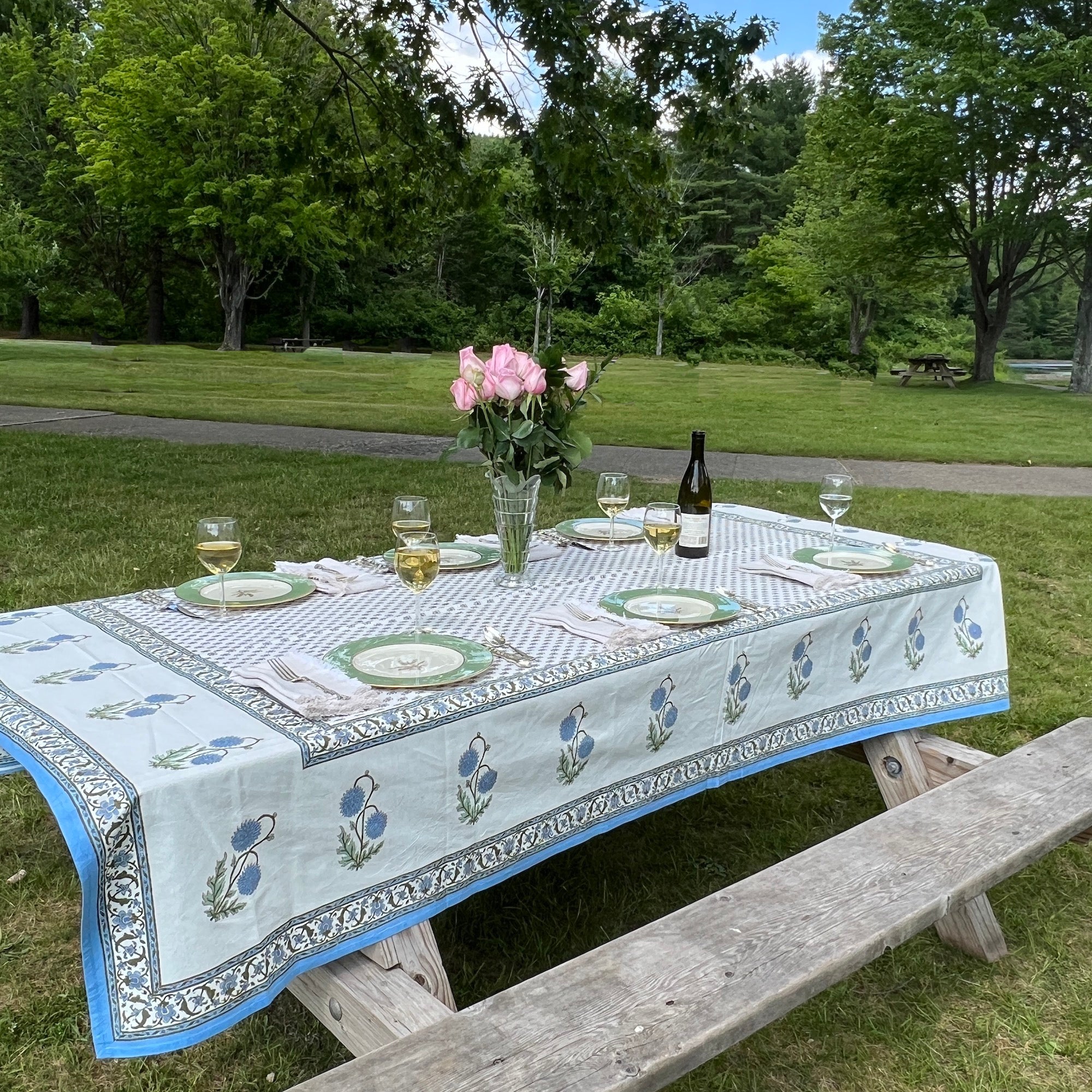 Provencal Style Block Print Tablecloth 60 X 90- 2 Colors - Vintage India NYC