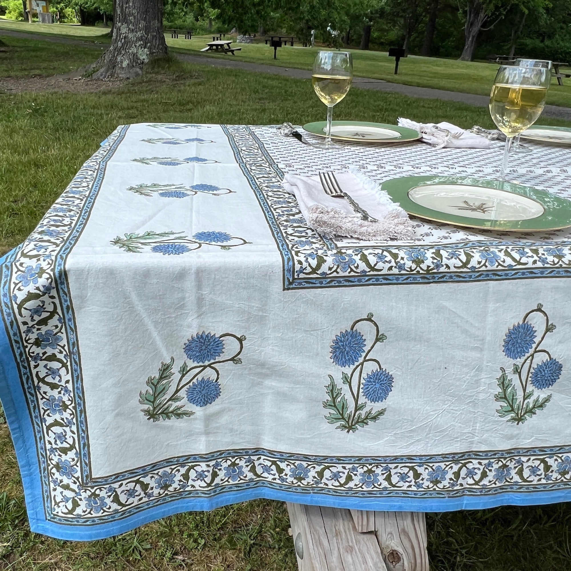 Provencal Style Block Print Tablecloth 60 X 90- 2 Colors - Vintage India NYC