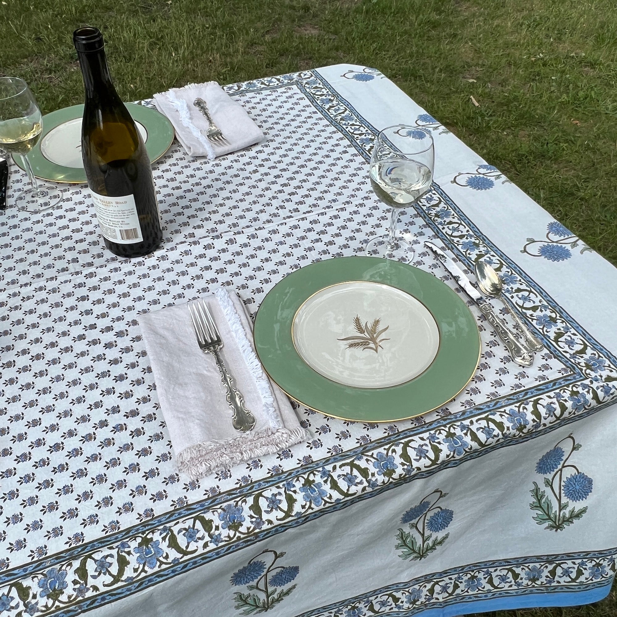 Provencal Style Block Print Tablecloth 60 X 90- 2 Colors - Vintage India NYC