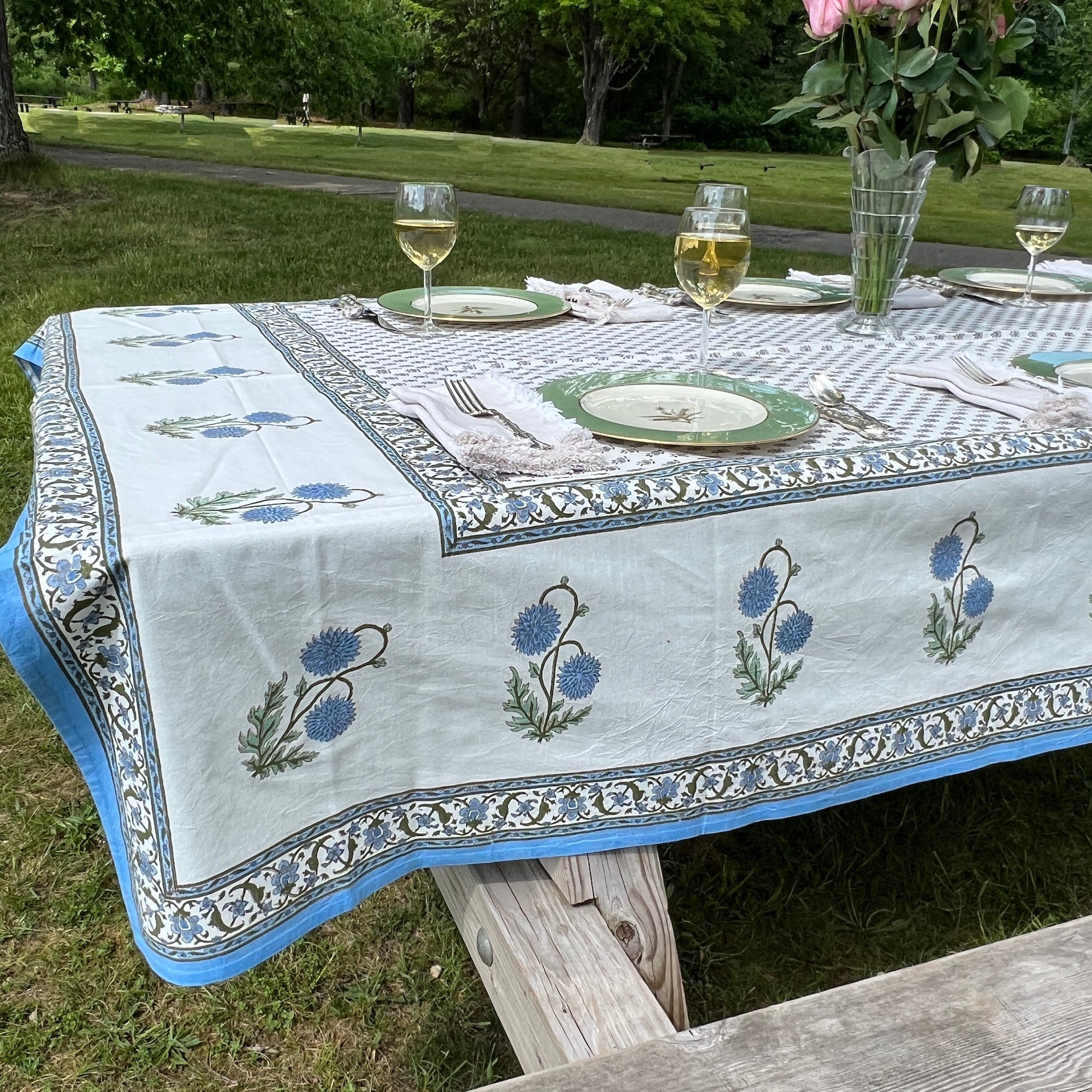 Provencal Style Block Print Tablecloth 60 X 90- 2 Colors - Vintage India NYC