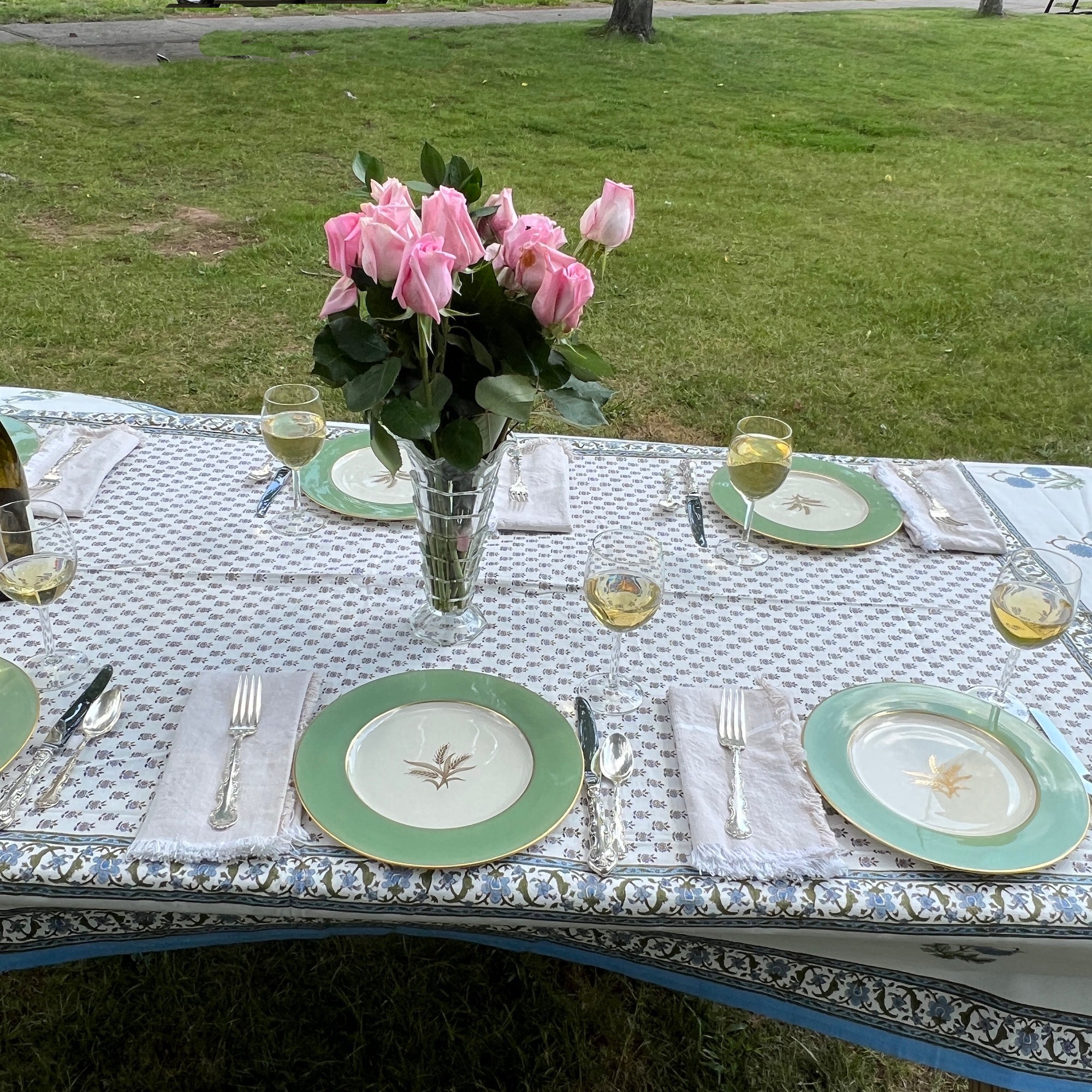 Provencal Style Block Print Tablecloth 60 X 90- 2 Colors - Vintage India NYC