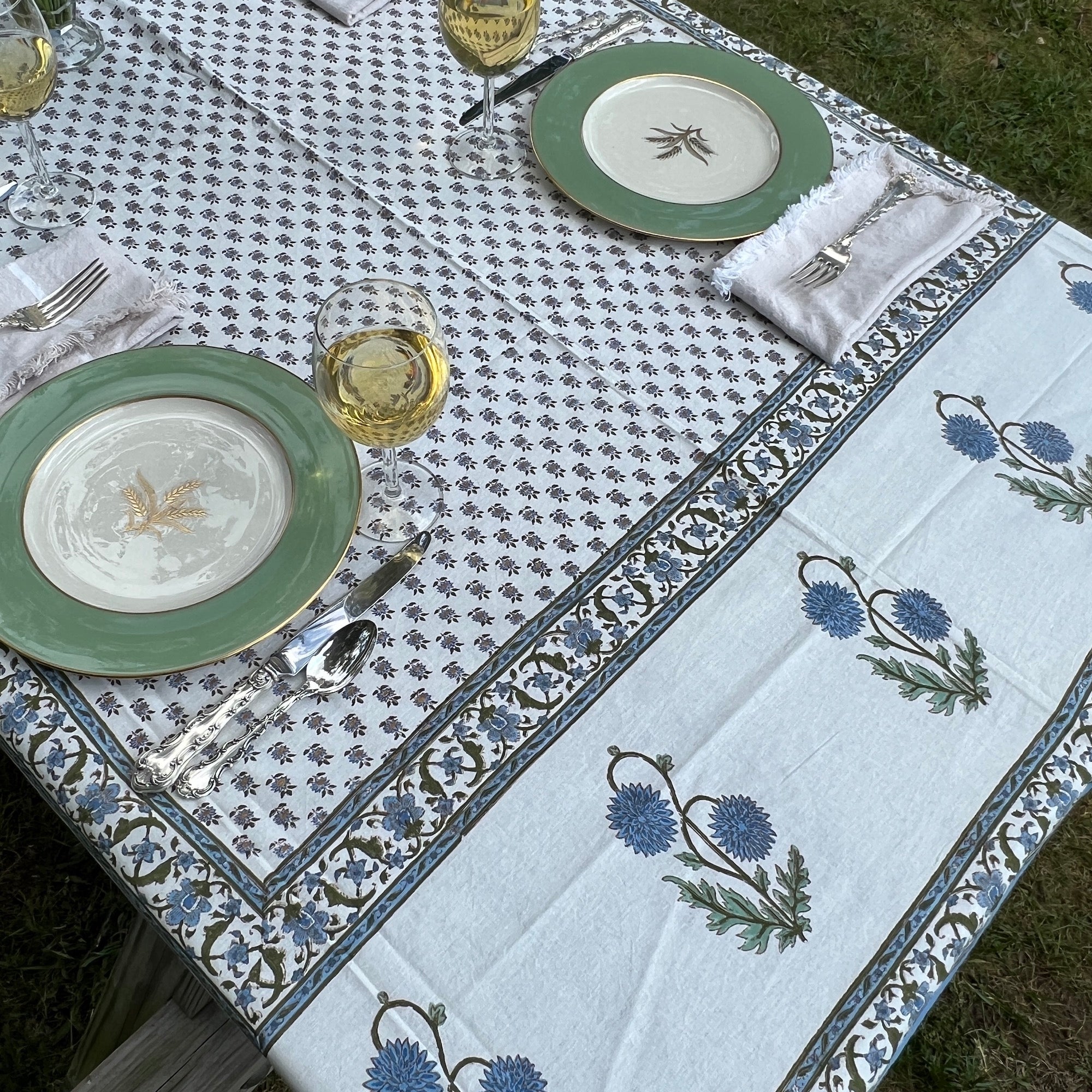 Provencal Style Block Print Tablecloth 60 X 90- 2 Colors - Vintage India NYC