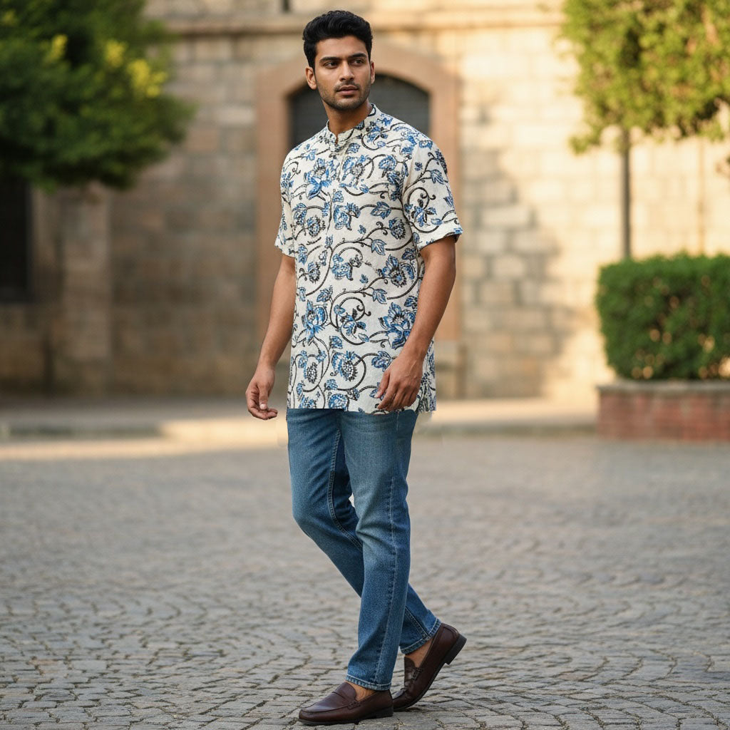 AR Mens Block Print Short Kurta 4 - Vintage India NYC