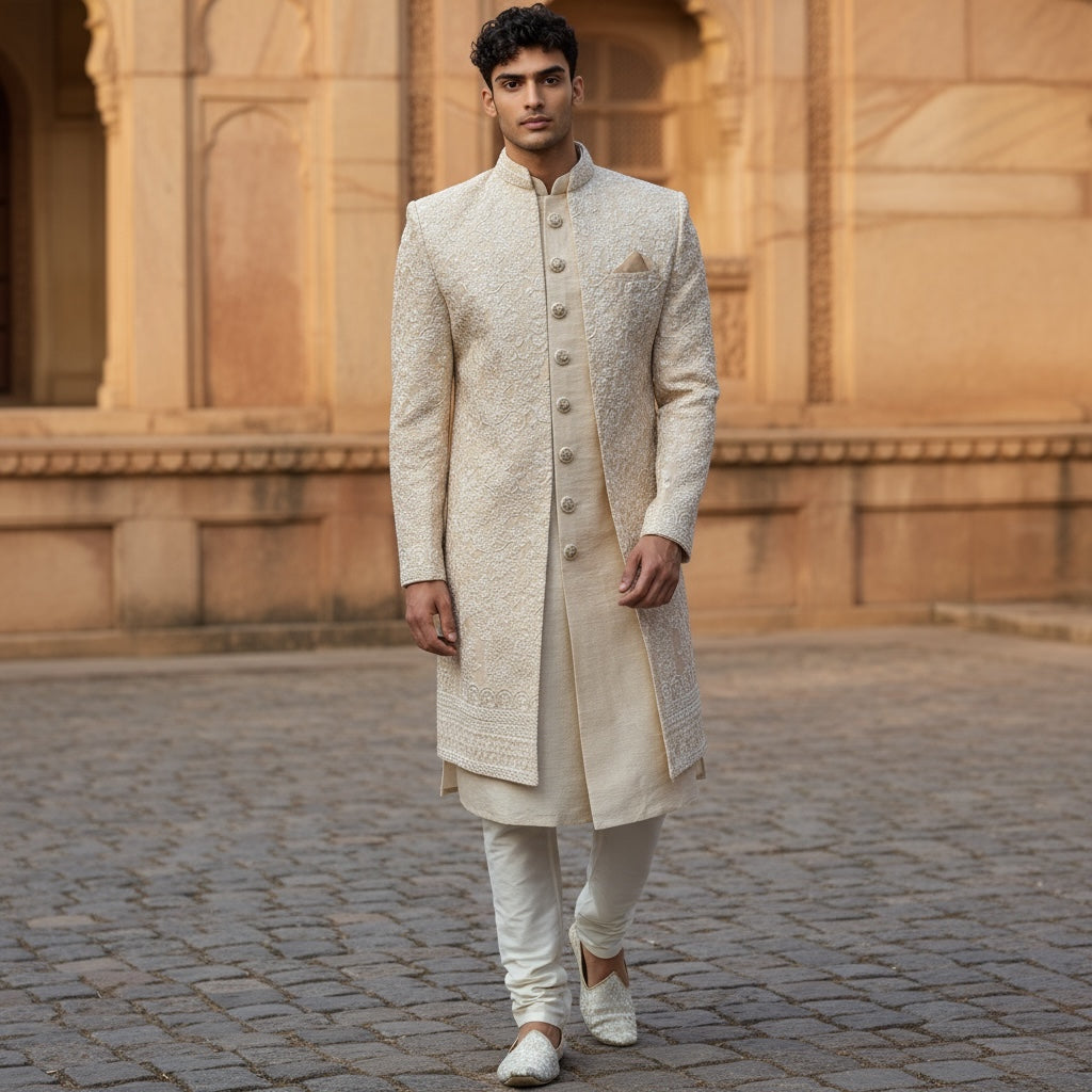 Blush Cream Floral 2 Piece Sherwani - Vintage India NYC