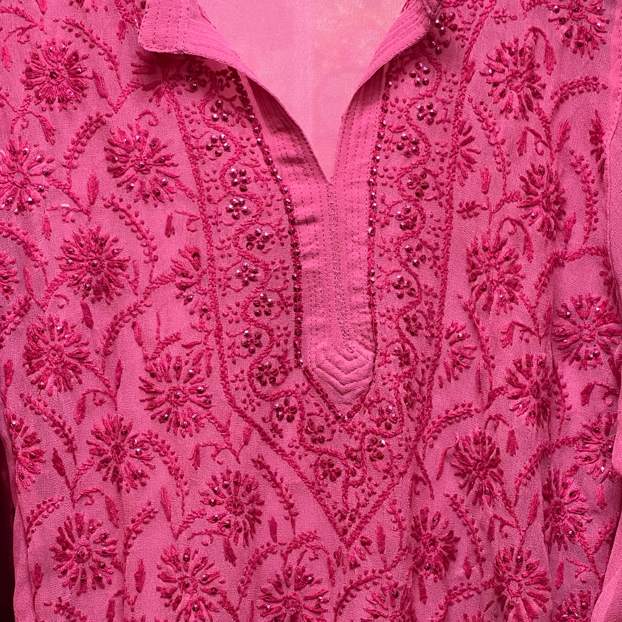 Bright Pink Embroidered Kurta-Size 36 - Vintage India NYC