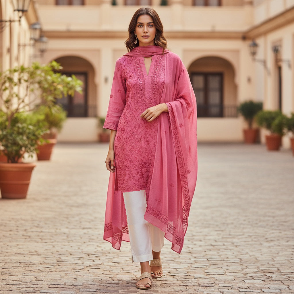 Bright Pink Embroidered Kurta-Size 36