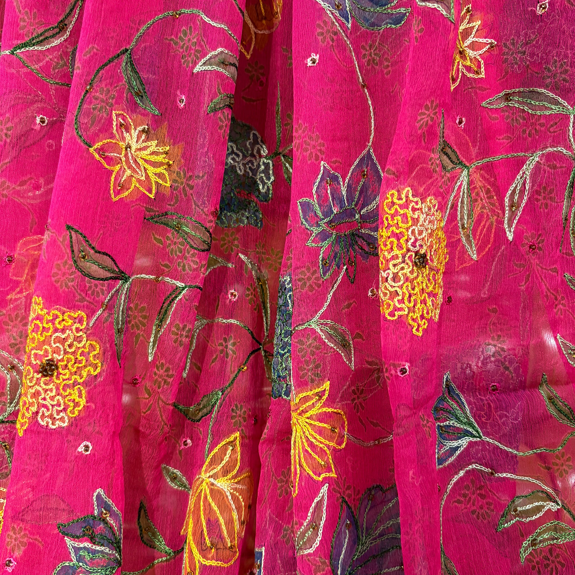 Bright Pink Floral Chiffon Dupatta - Vintage India NYC