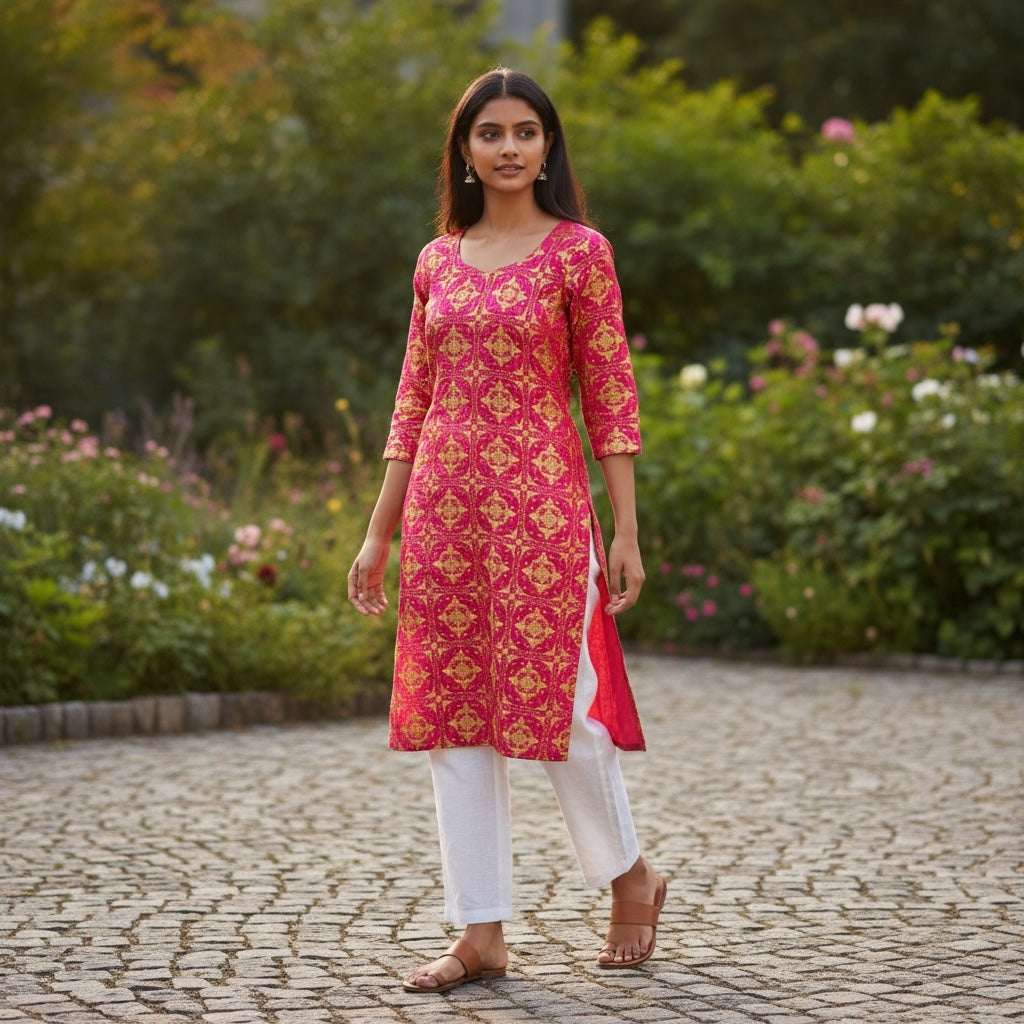 Pure Silk Fuchsia & Gold Phukari Kurti