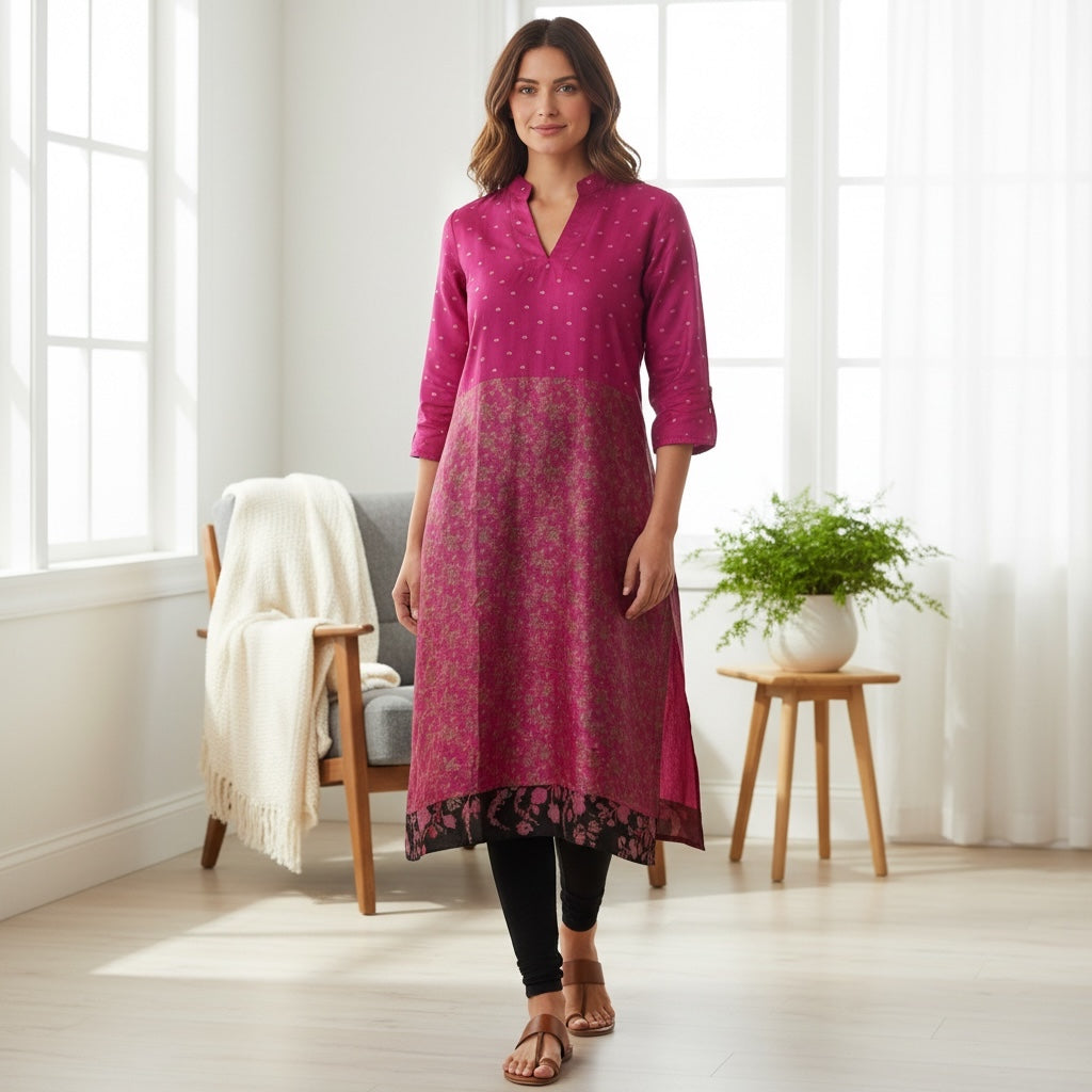 Long Silk Kurta-Bright Pink