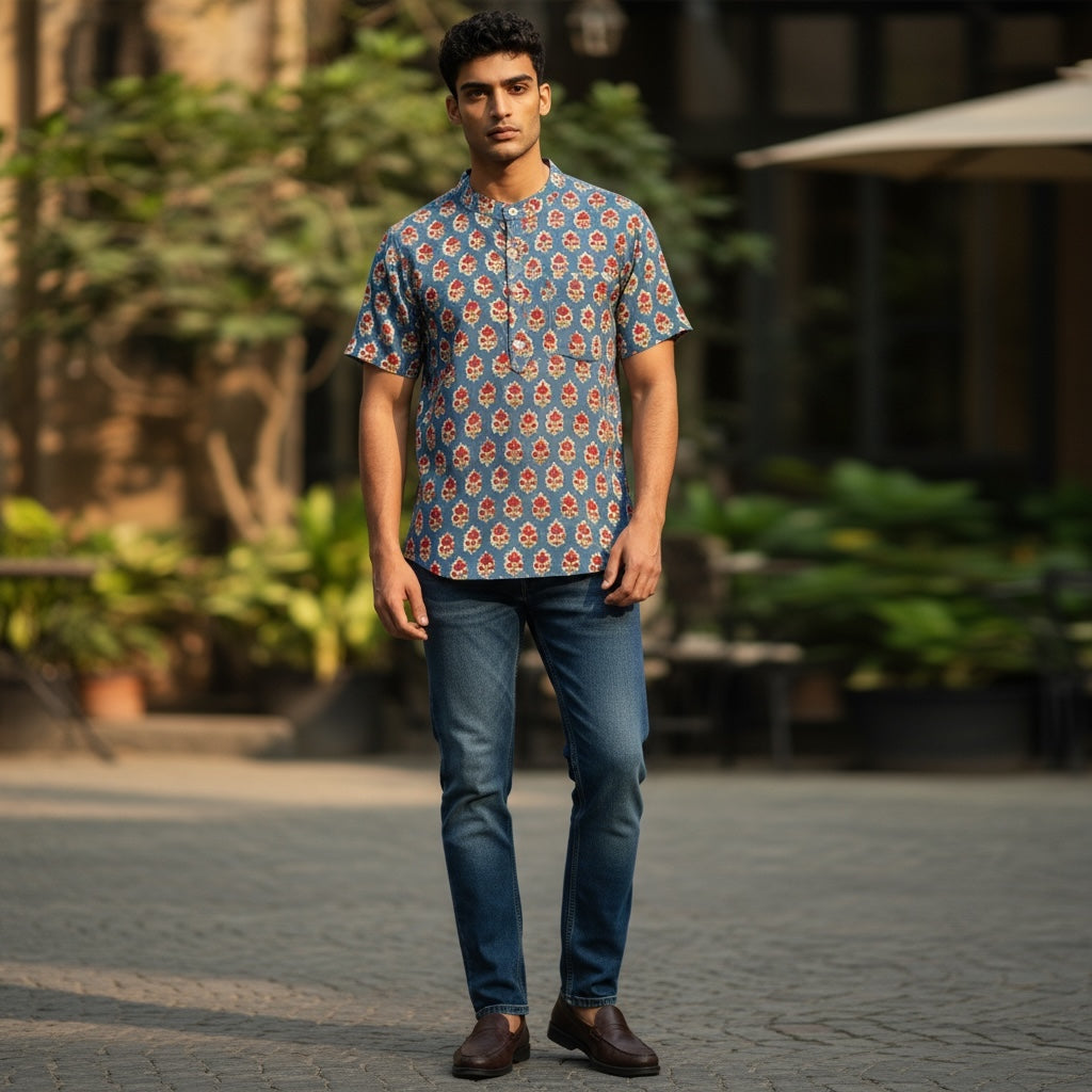 AR Mens Block Print Short Kurta 4 - Vintage India NYC