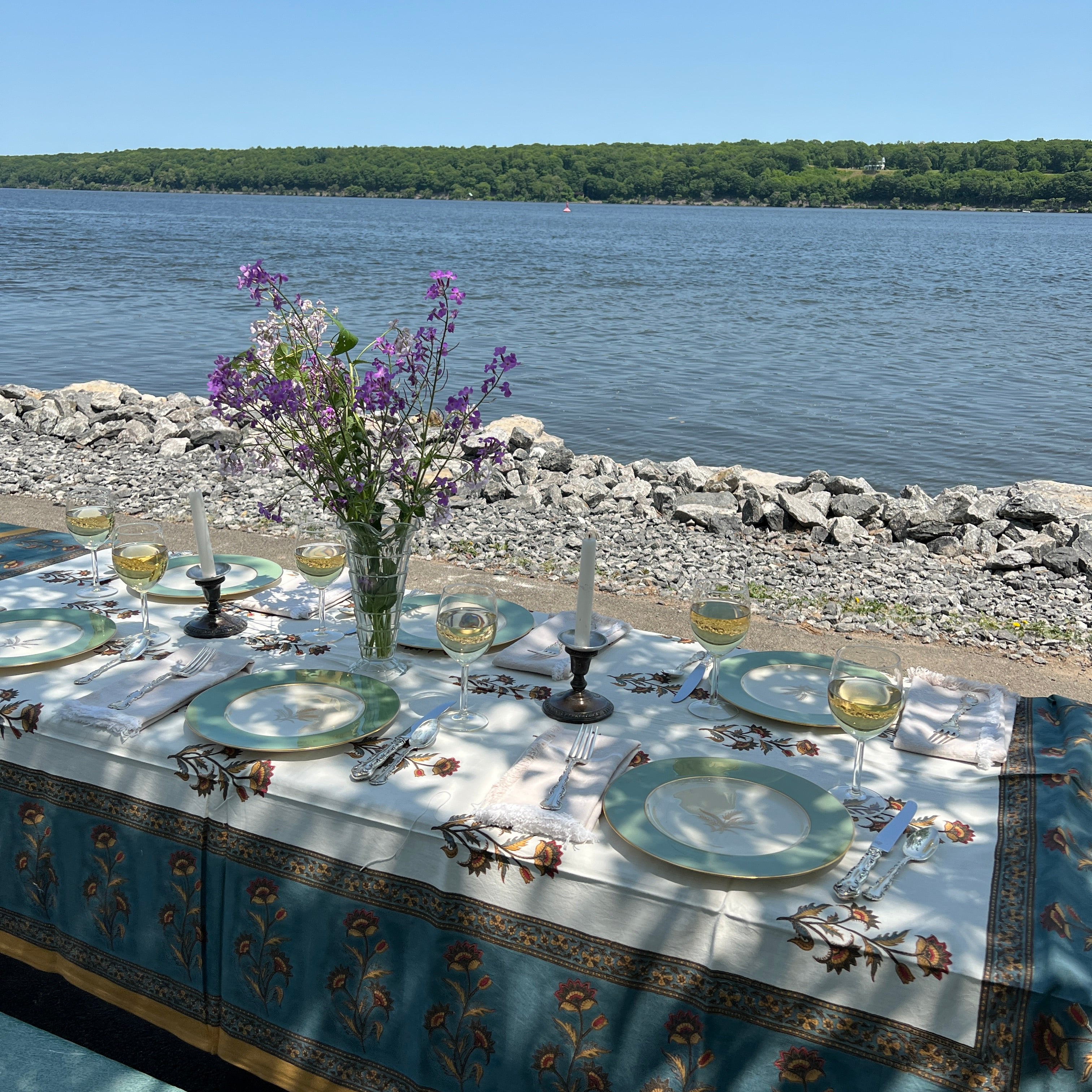 Floral Block Print Tablecloth 60 X 90- 2 Colors - Vintage India NYC