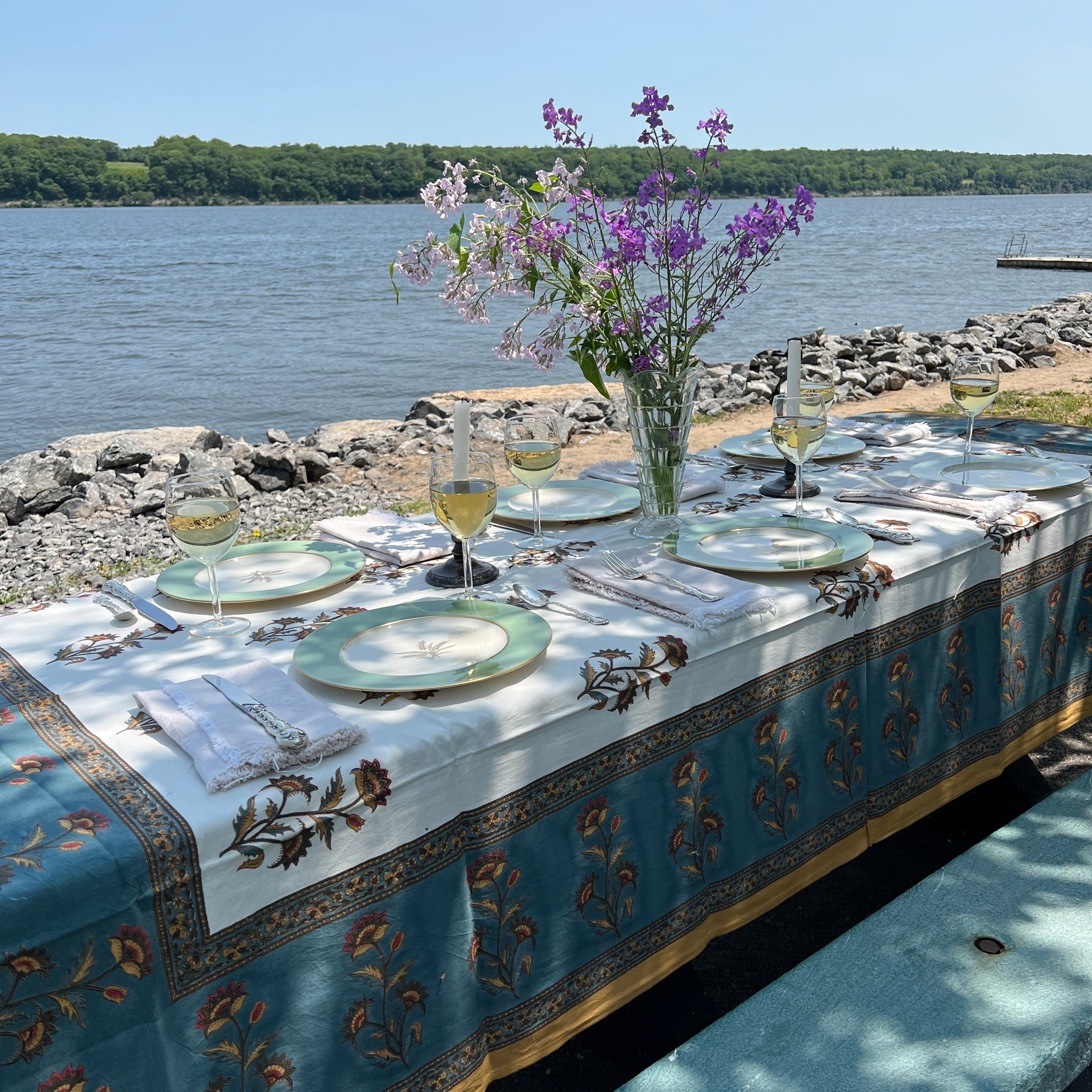 Floral Block Print Tablecloth 60 X 90- 2 Colors - Vintage India NYC