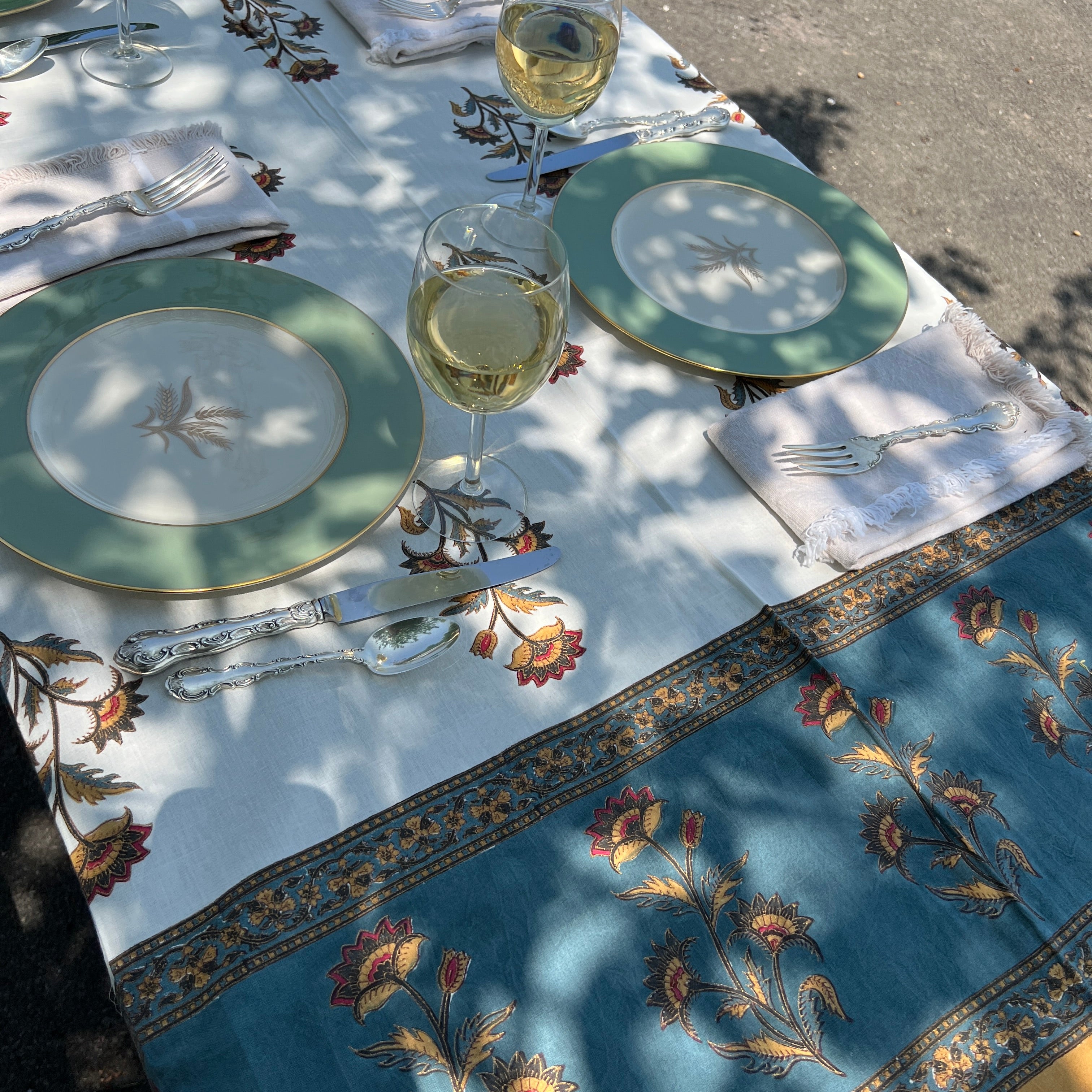 Floral Block Print Tablecloth 60 X 90- 2 Colors - Vintage India NYC