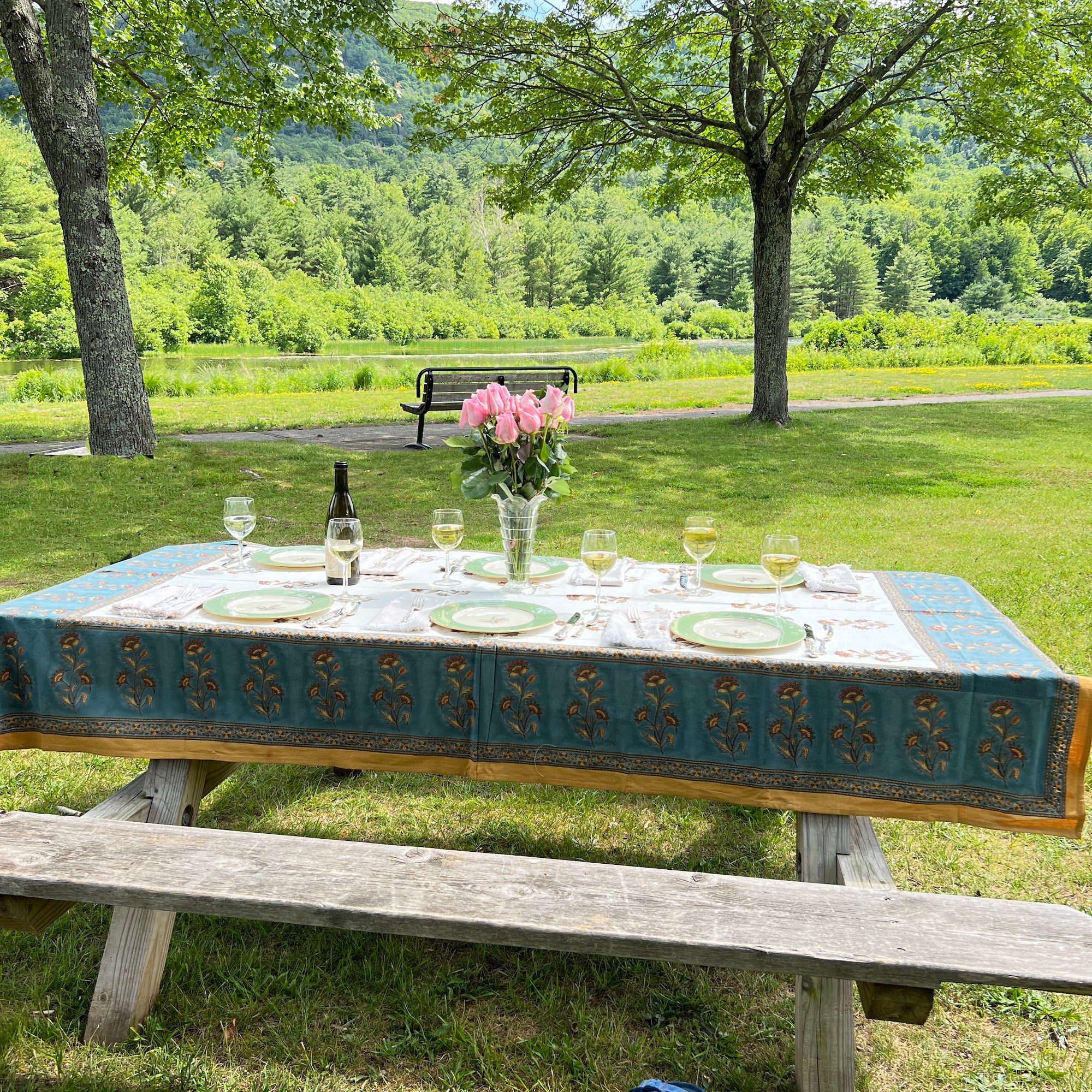 Floral Block Print Tablecloth 60 X 90- 2 Colors - Vintage India NYC