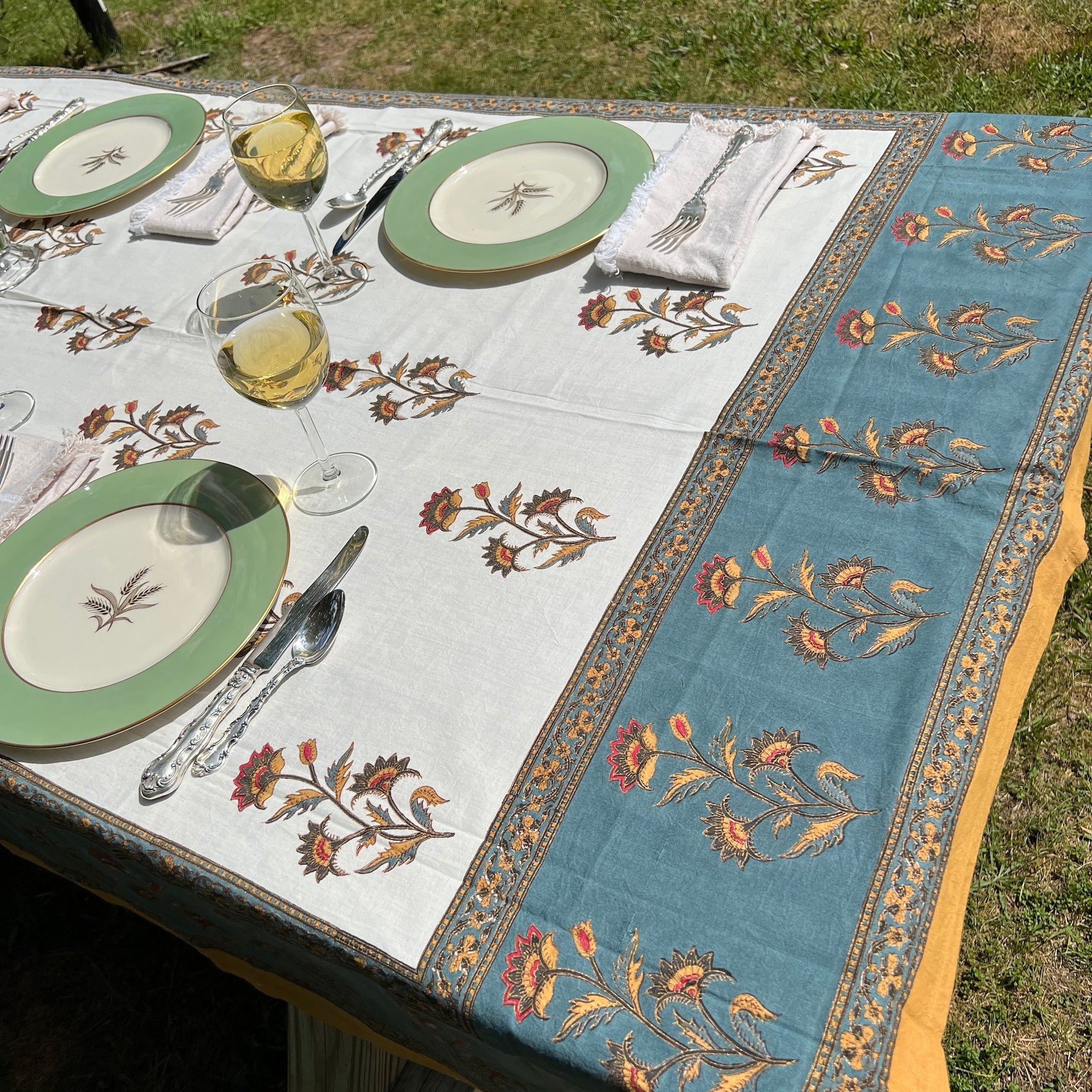 Floral Block Print Tablecloth 60 X 90- 2 Colors - Vintage India NYC