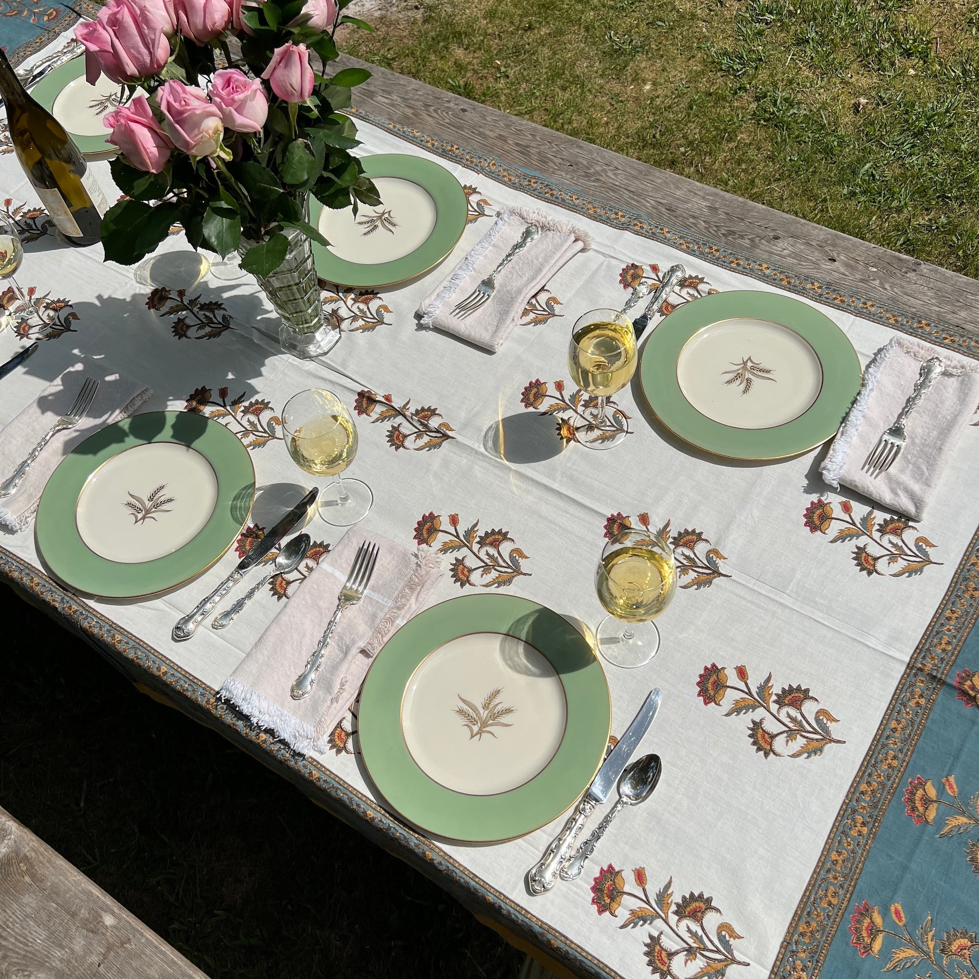 Floral Block Print Tablecloth 60 X 90- 2 Colors - Vintage India NYC