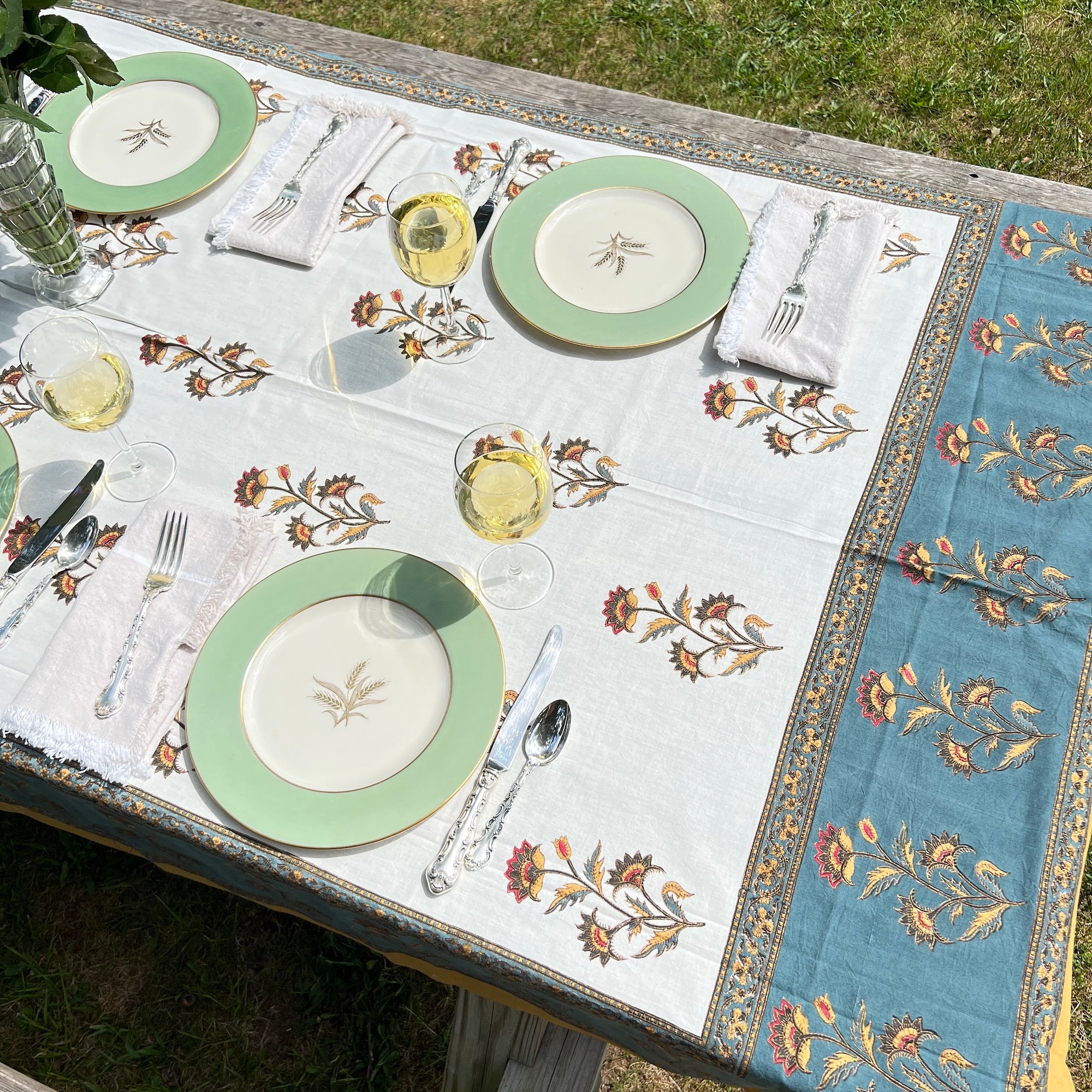 Floral Block Print Tablecloth 60 X 90- 2 Colors - Vintage India NYC