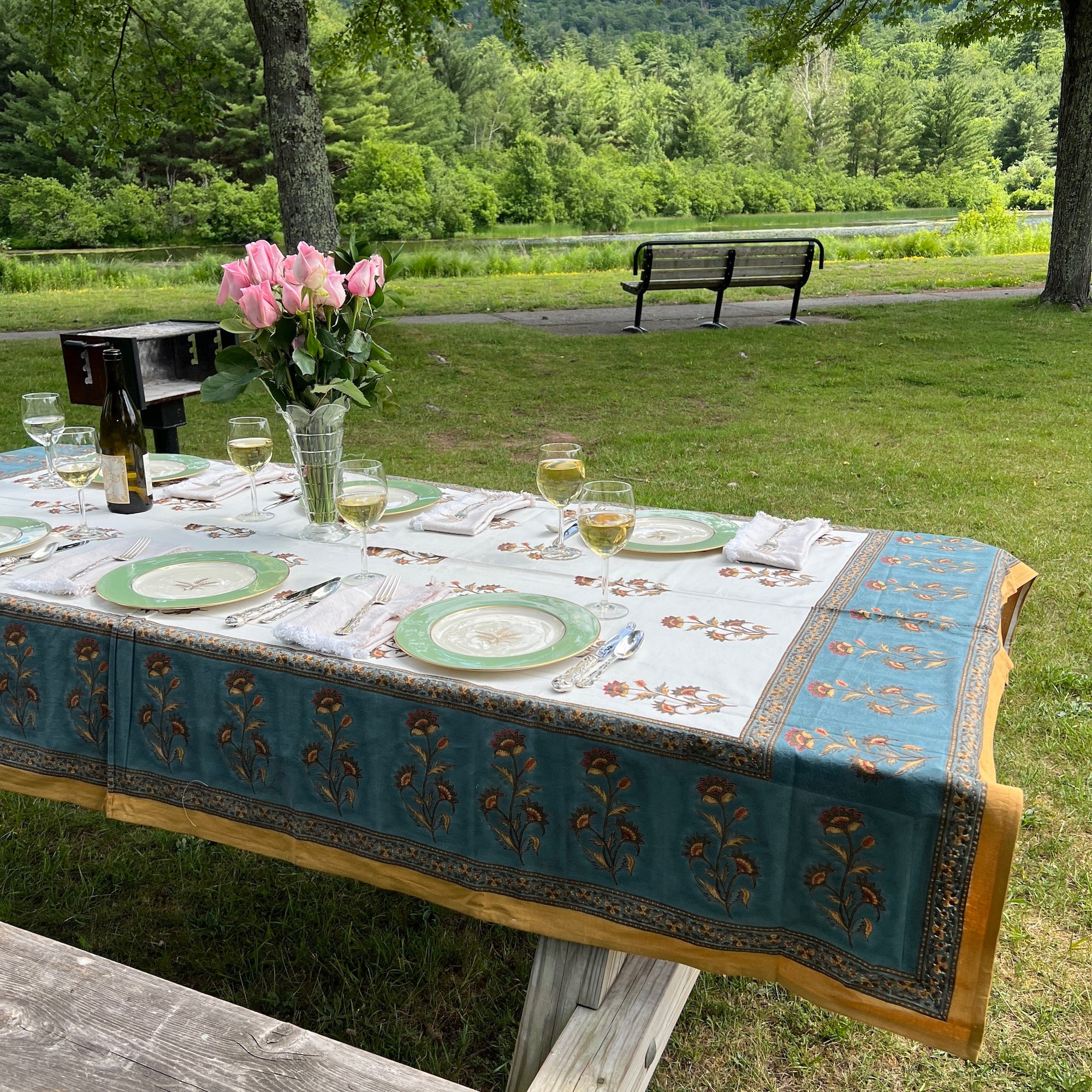 Floral Block Print Tablecloth 60 X 90- 2 Colors - Vintage India NYC