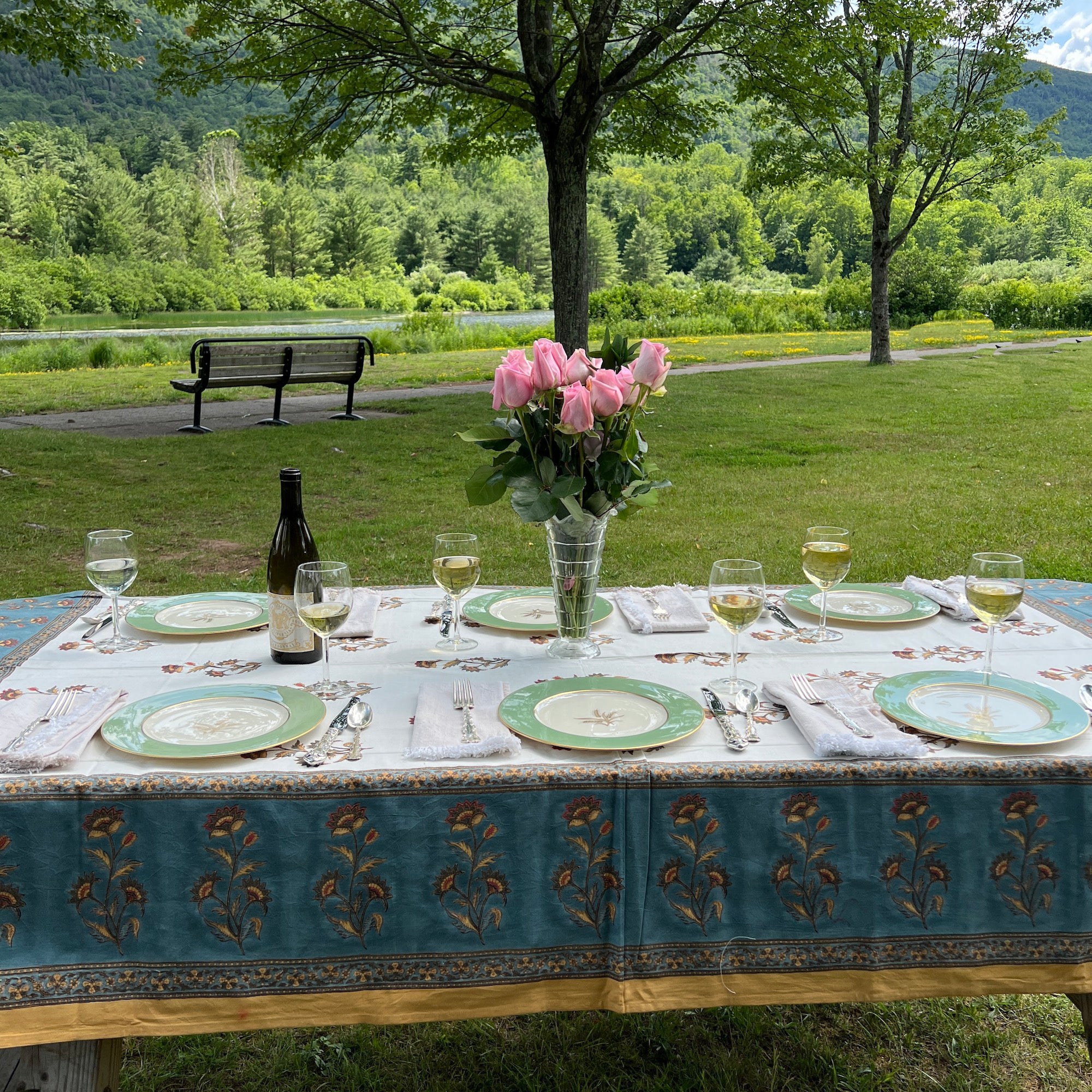 Floral Block Print Tablecloth 60 X 90- 2 Colors - Vintage India NYC