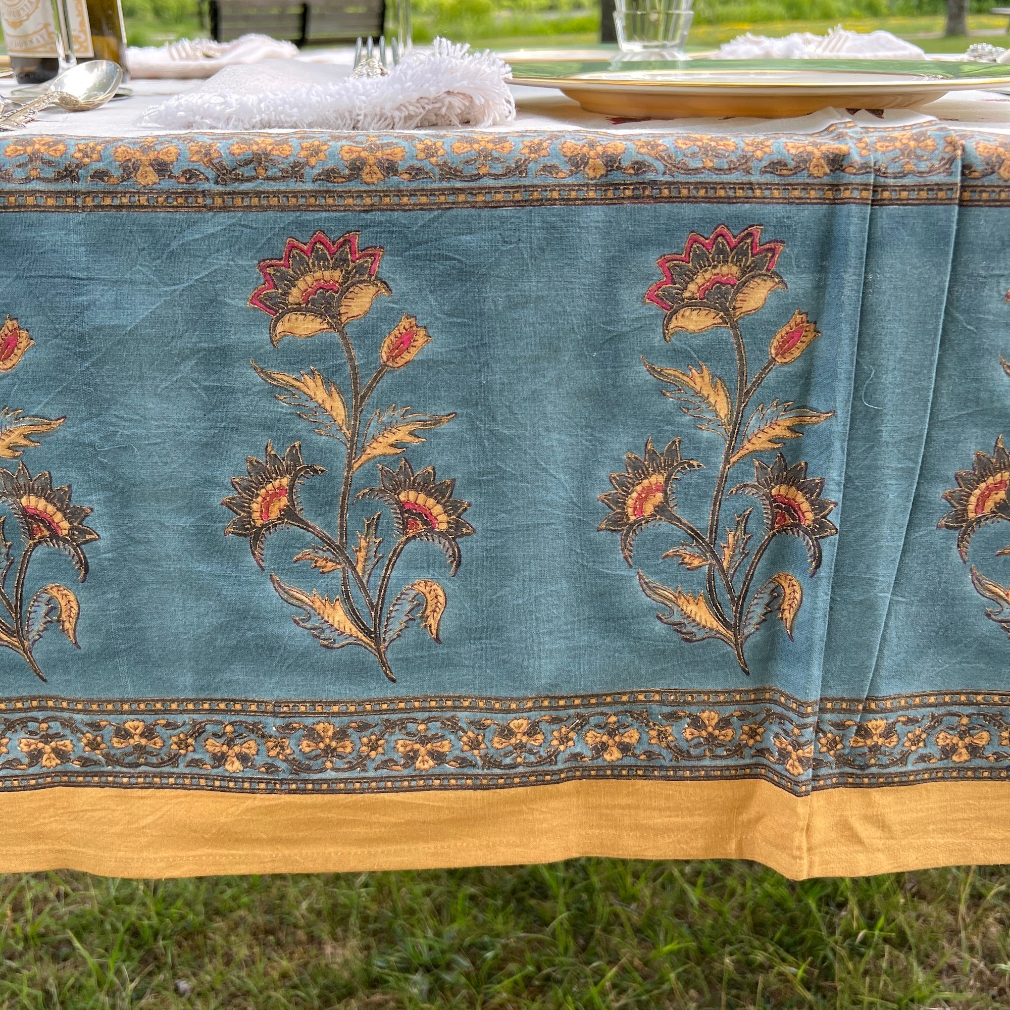 Floral Block Print Tablecloth 60 X 90- 2 Colors - Vintage India NYC