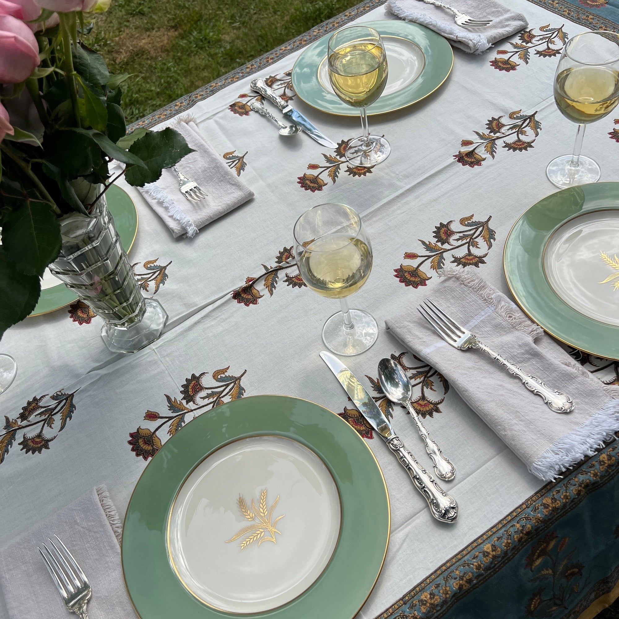 Floral Block Print Tablecloth 60 X 90- 2 Colors - Vintage India NYC