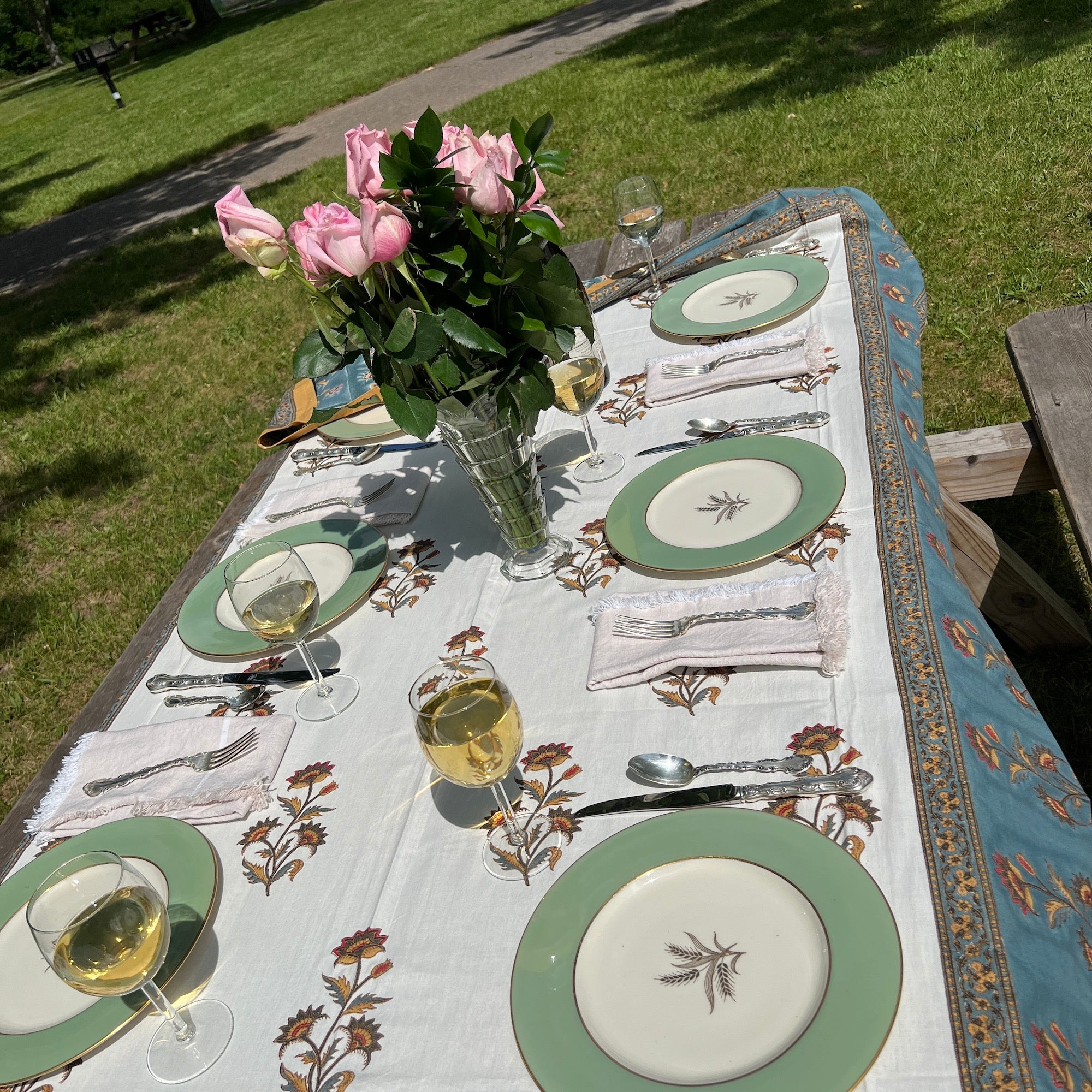 Floral Block Print Tablecloth 60 X 90- 2 Colors - Vintage India NYC