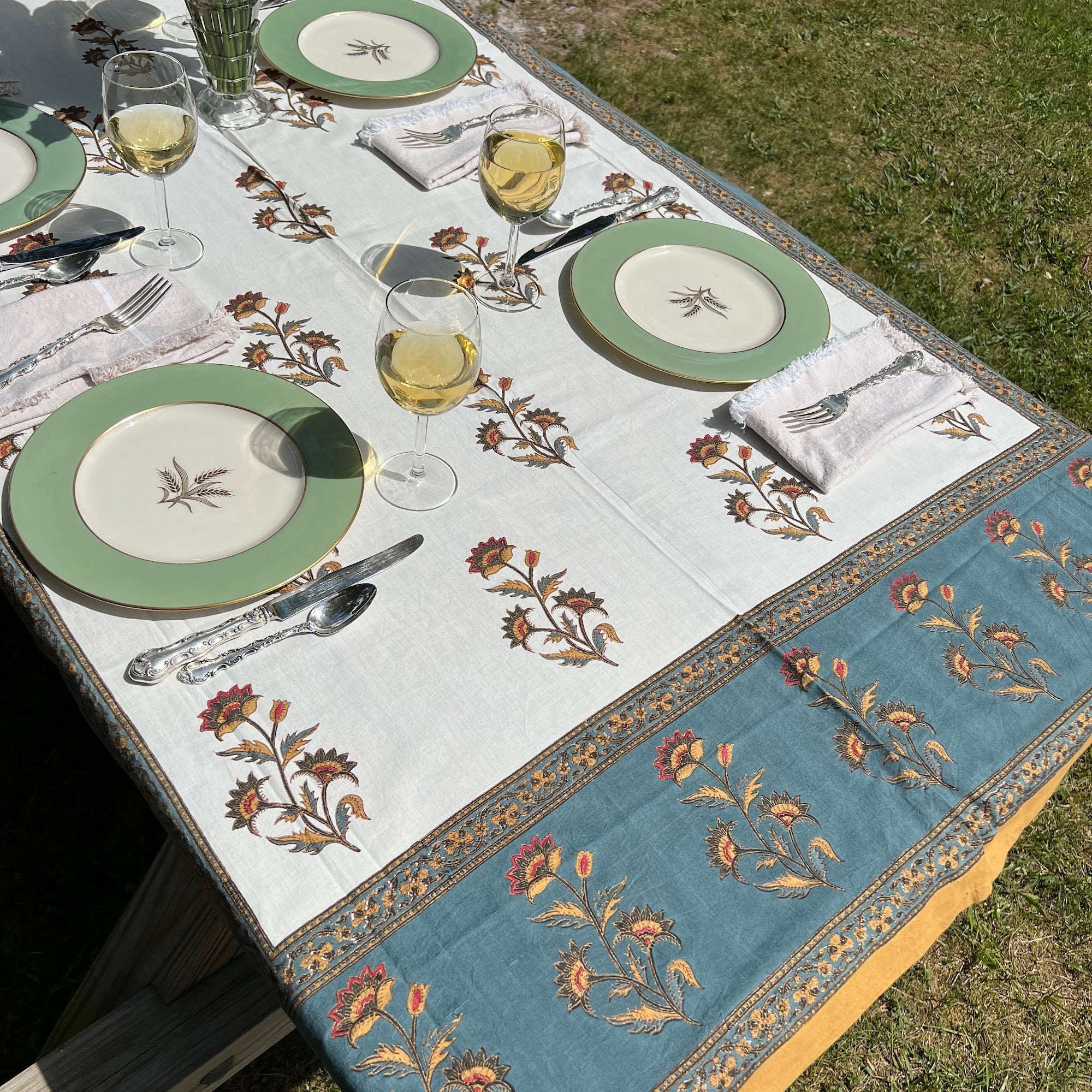 Floral Block Print Tablecloth 60 X 90- 2 Colors - Vintage India NYC