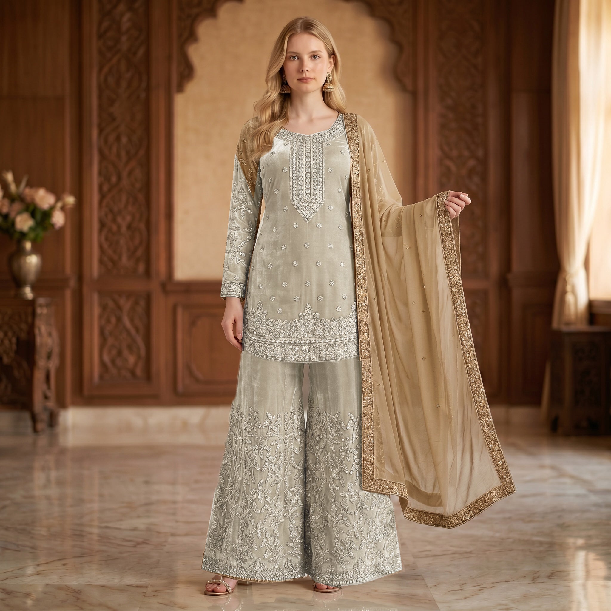 Heavy Embroidered Gharara Set-Colors - Vintage India NYC