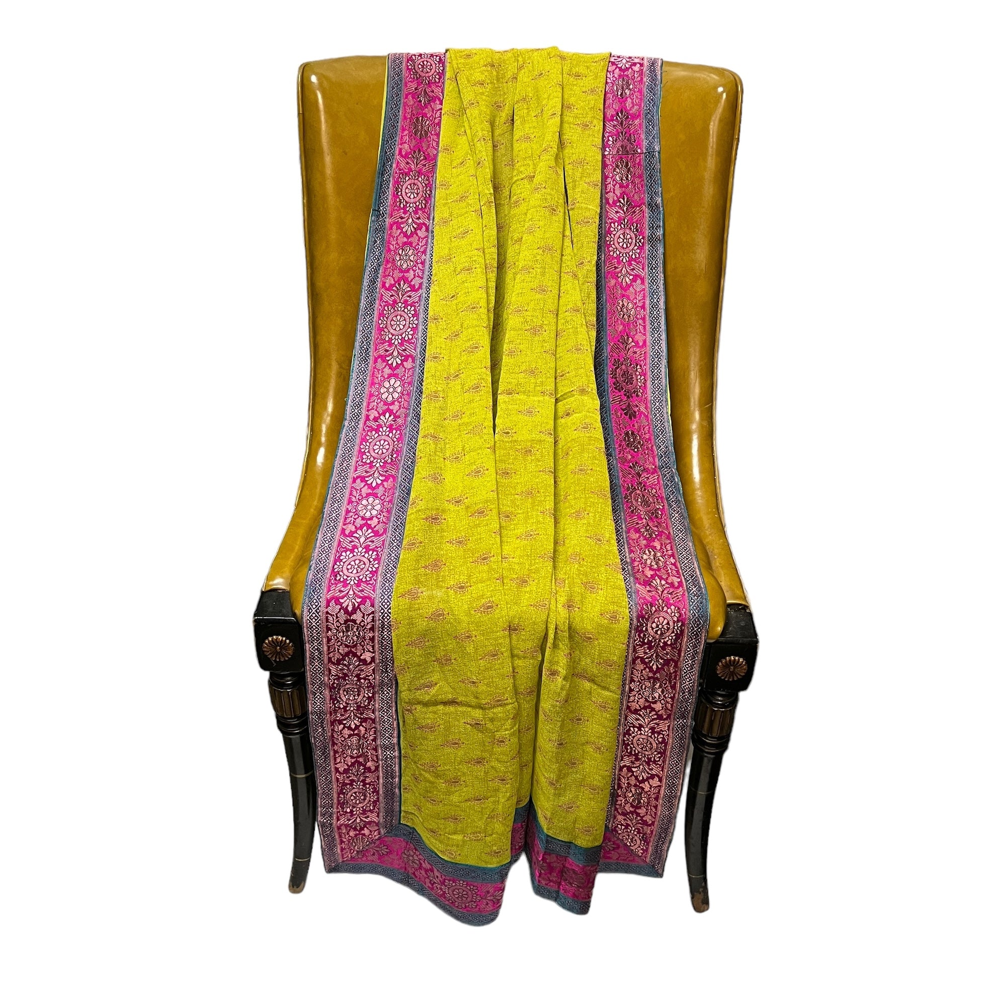 Chartreuse Crepe with Banarasi Border Dupatta Scarf - Vintage India NYC