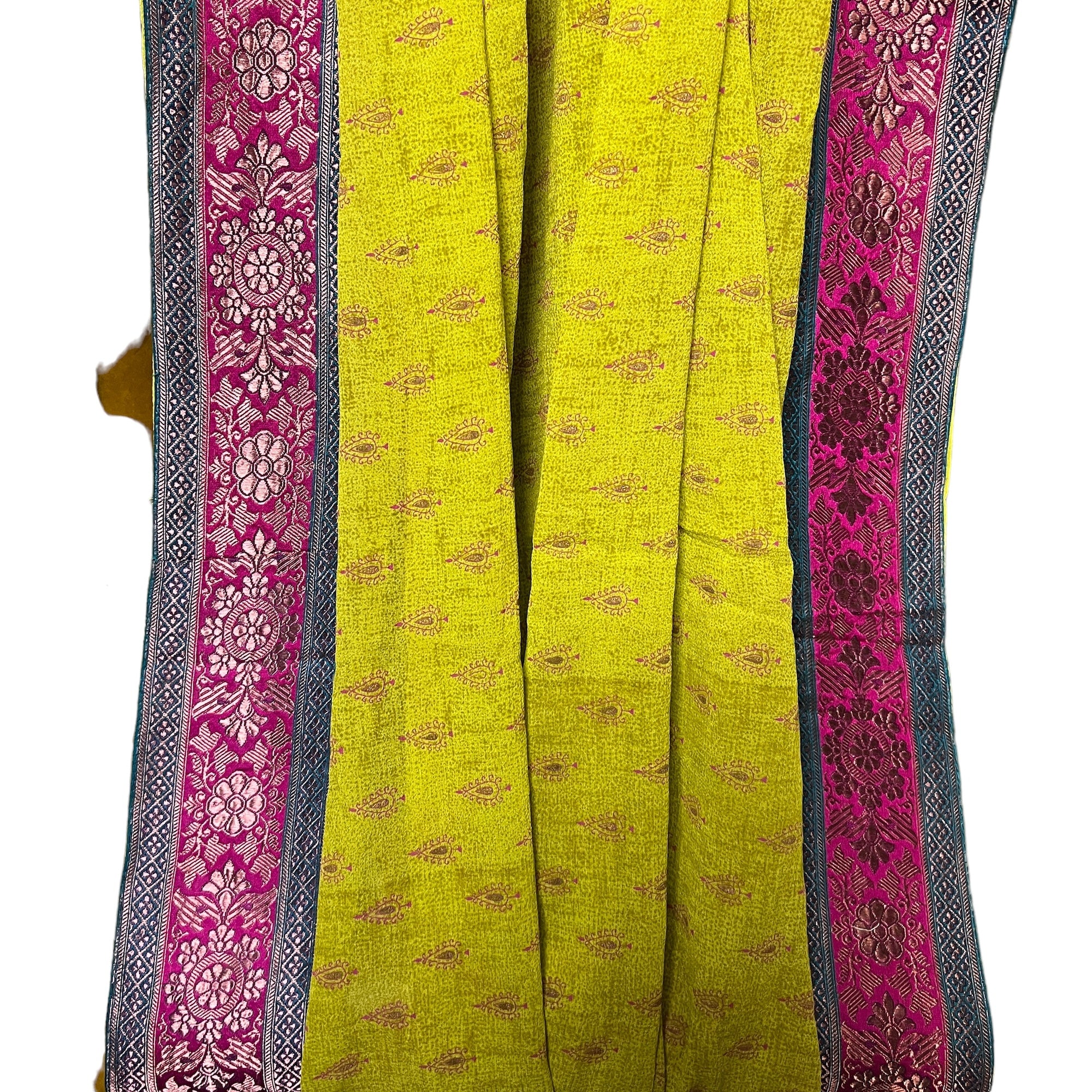 Chartreuse Crepe with Banarasi Border Dupatta Scarf - Vintage India NYC