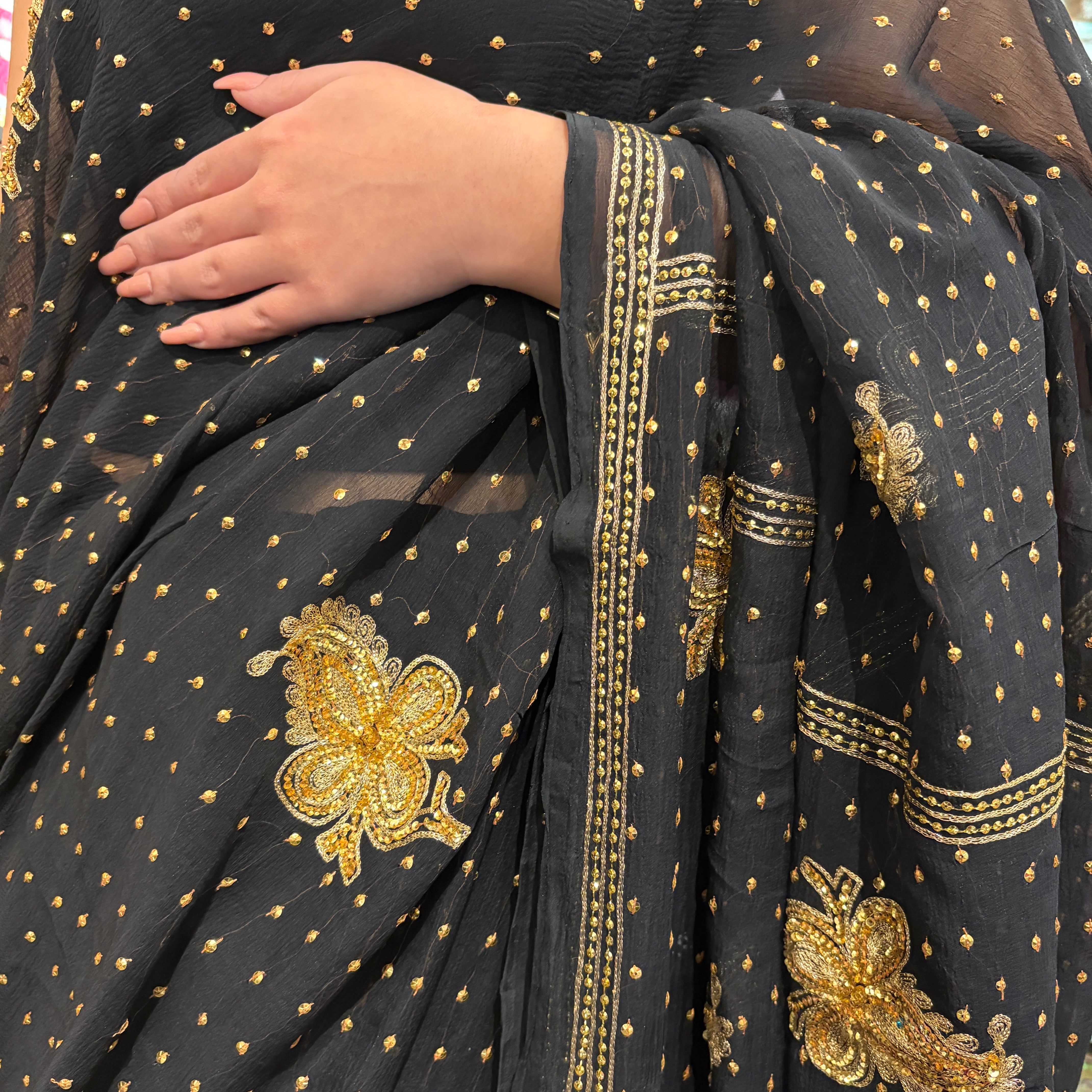Black Silk Chiffon Embroidered Saree - Vintage India NYC