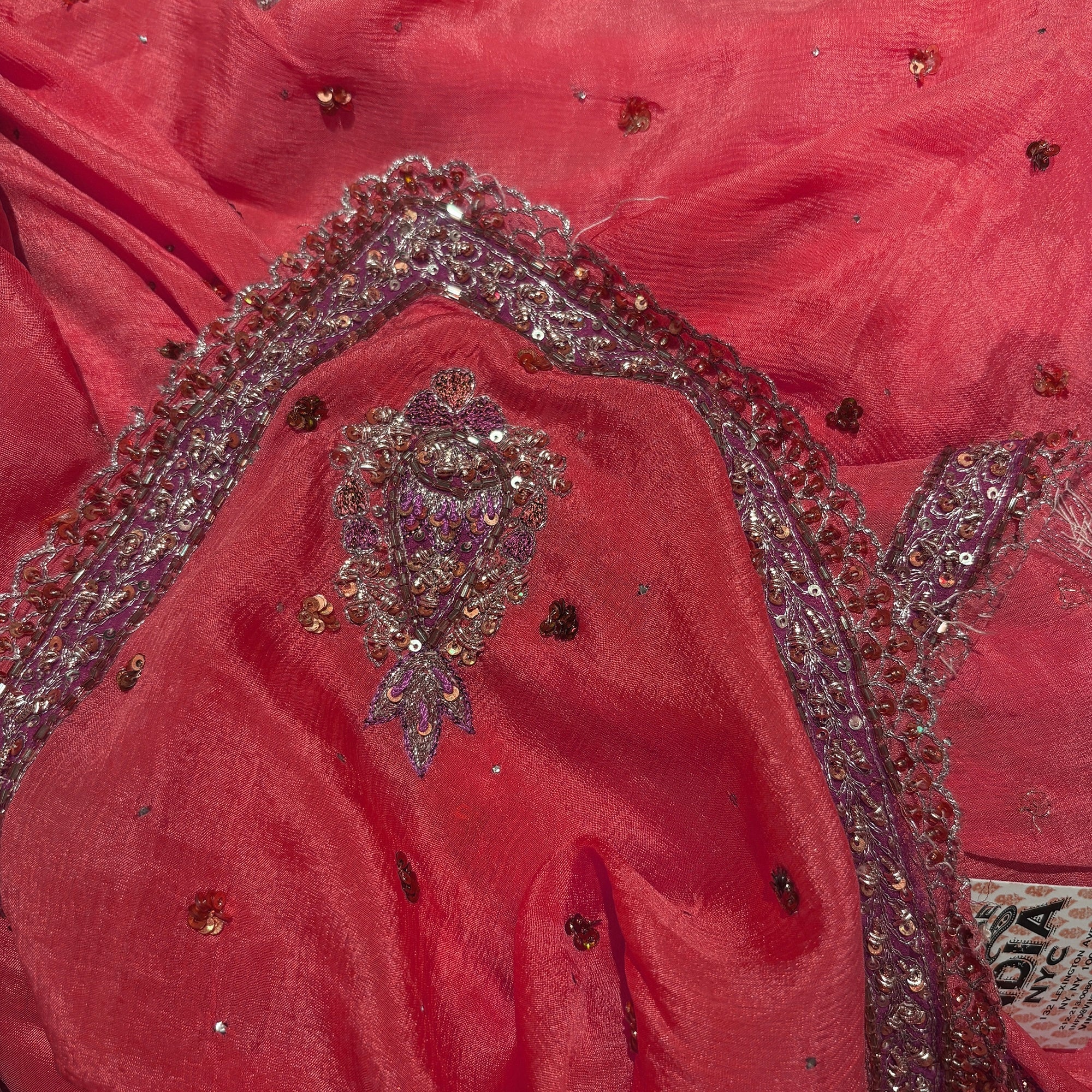 Coral Vintage Silk Embroidered Dupatta - Vintage India NYC