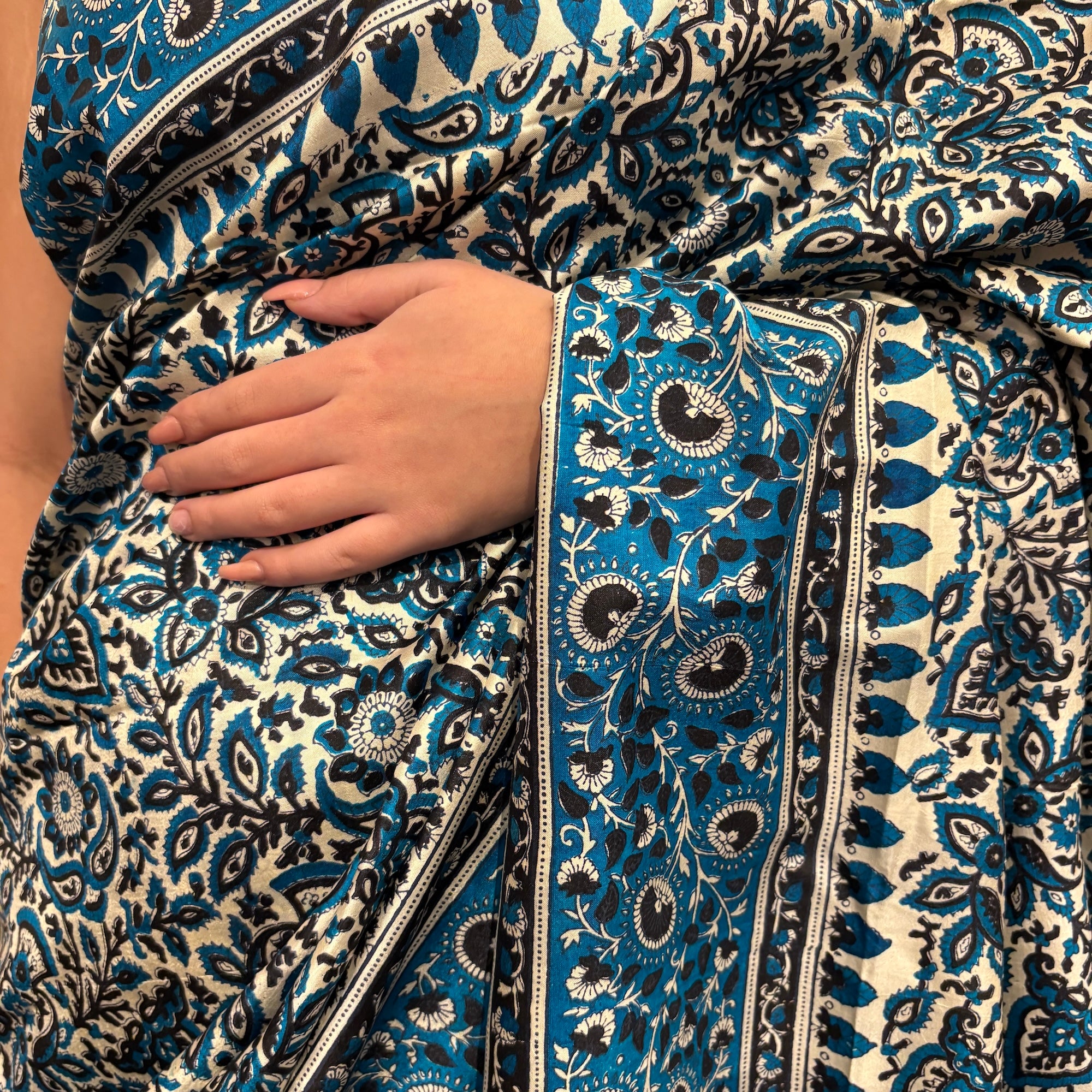 Blue Flower Blockprint Silk Saree - Vintage India NYC