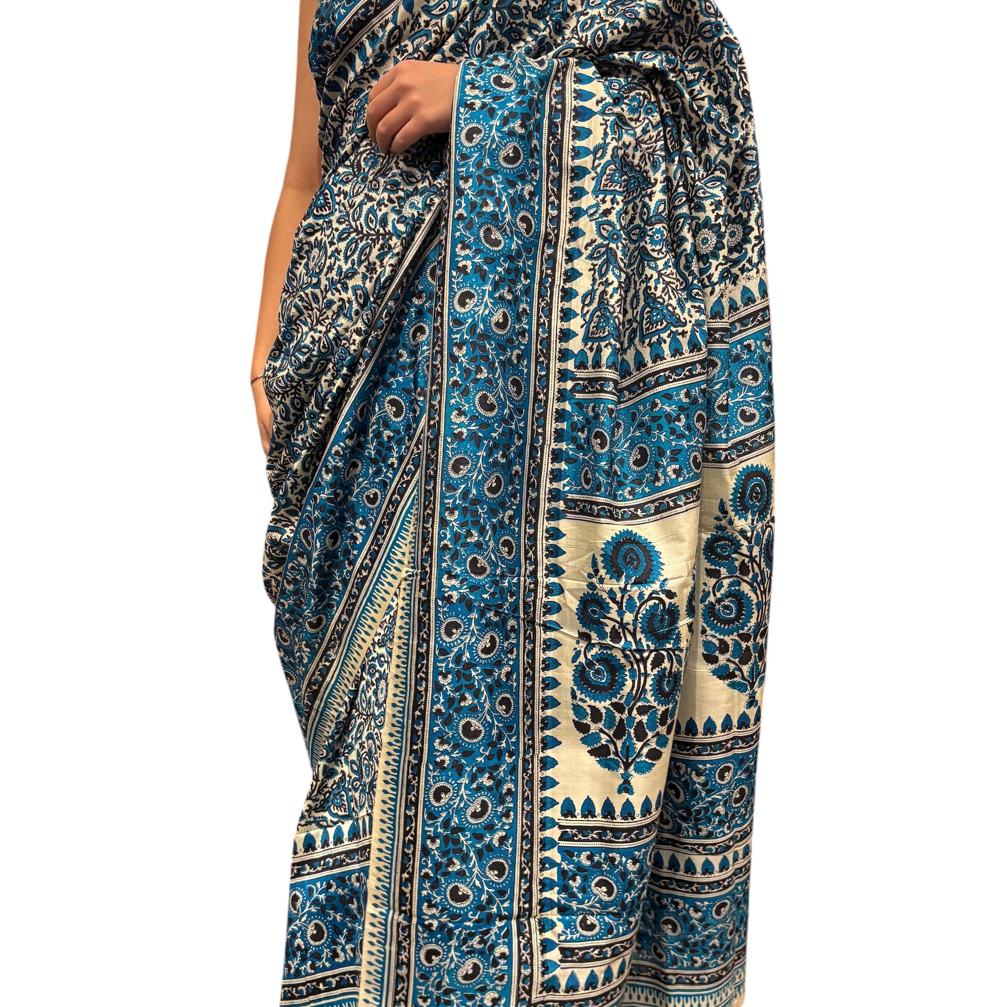 Blue Flower Blockprint Silk Saree - Vintage India NYC