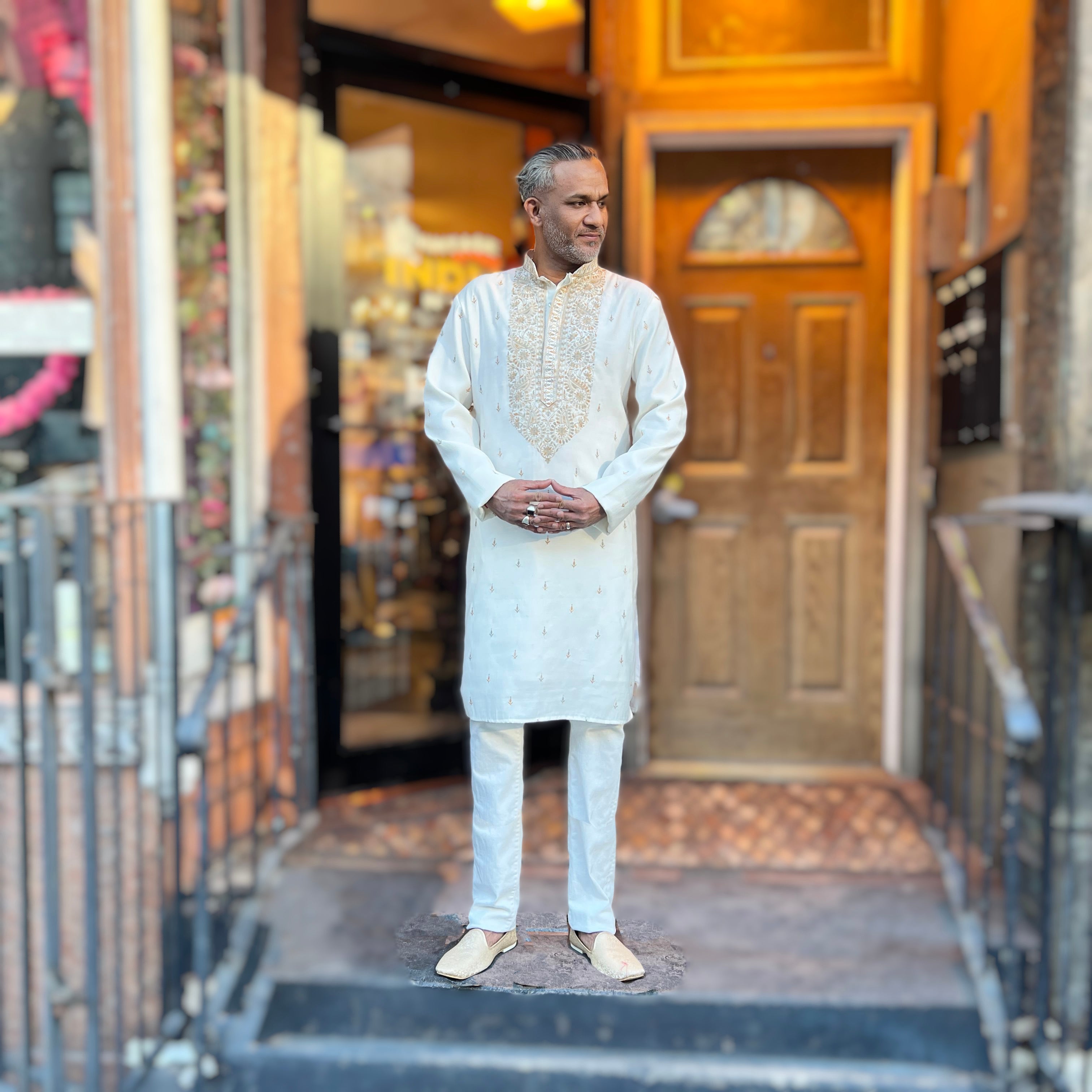 Cream Embroidered  Kurta - Vintage India NYC