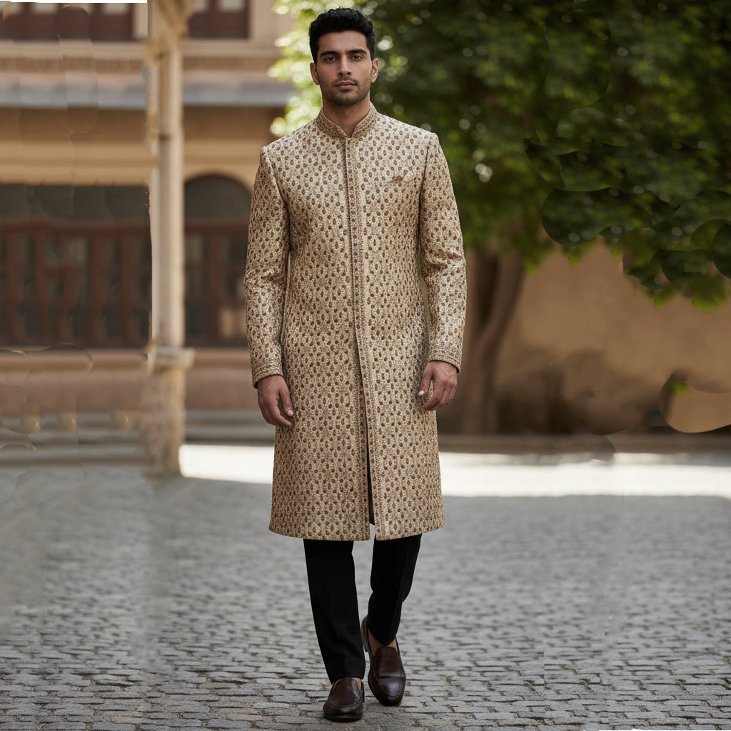 Cream Floral Sherwani