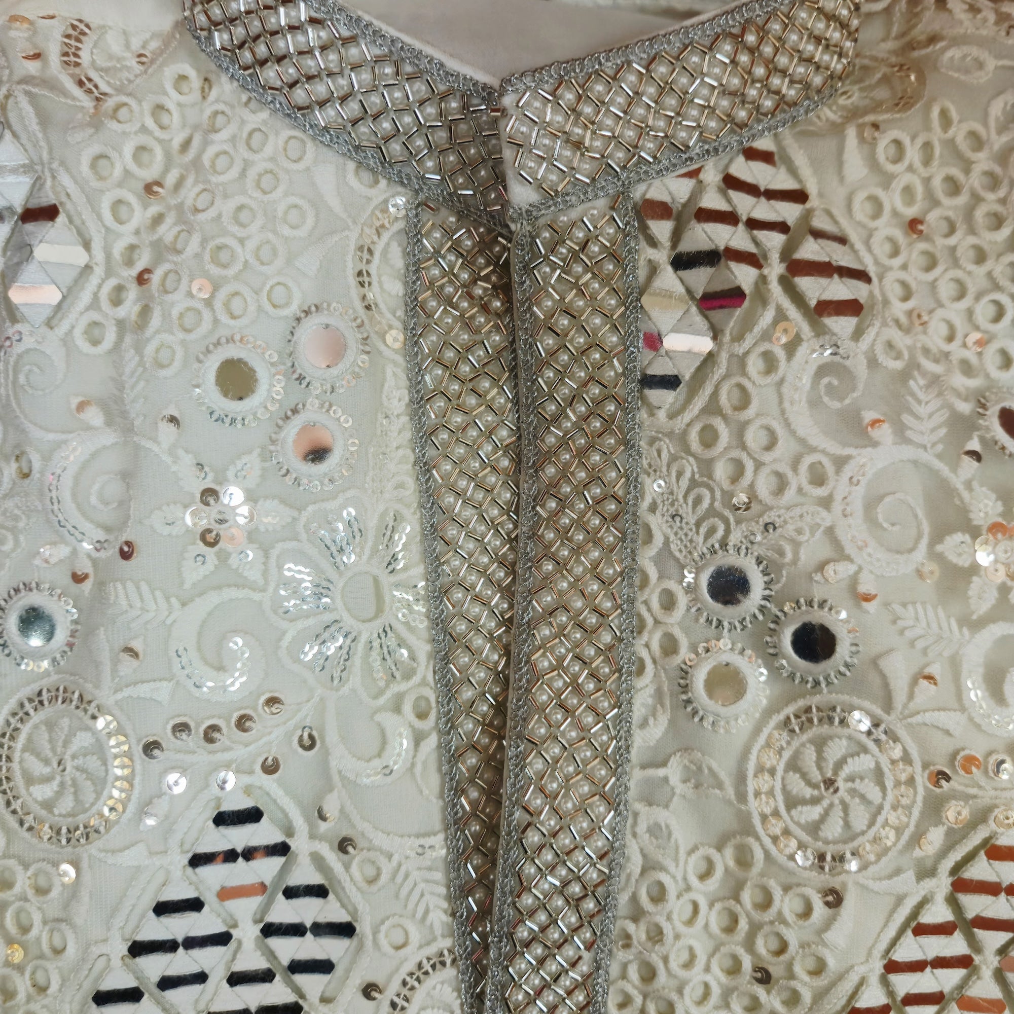 Cream Mirror Heavy Lucknowi Kurta