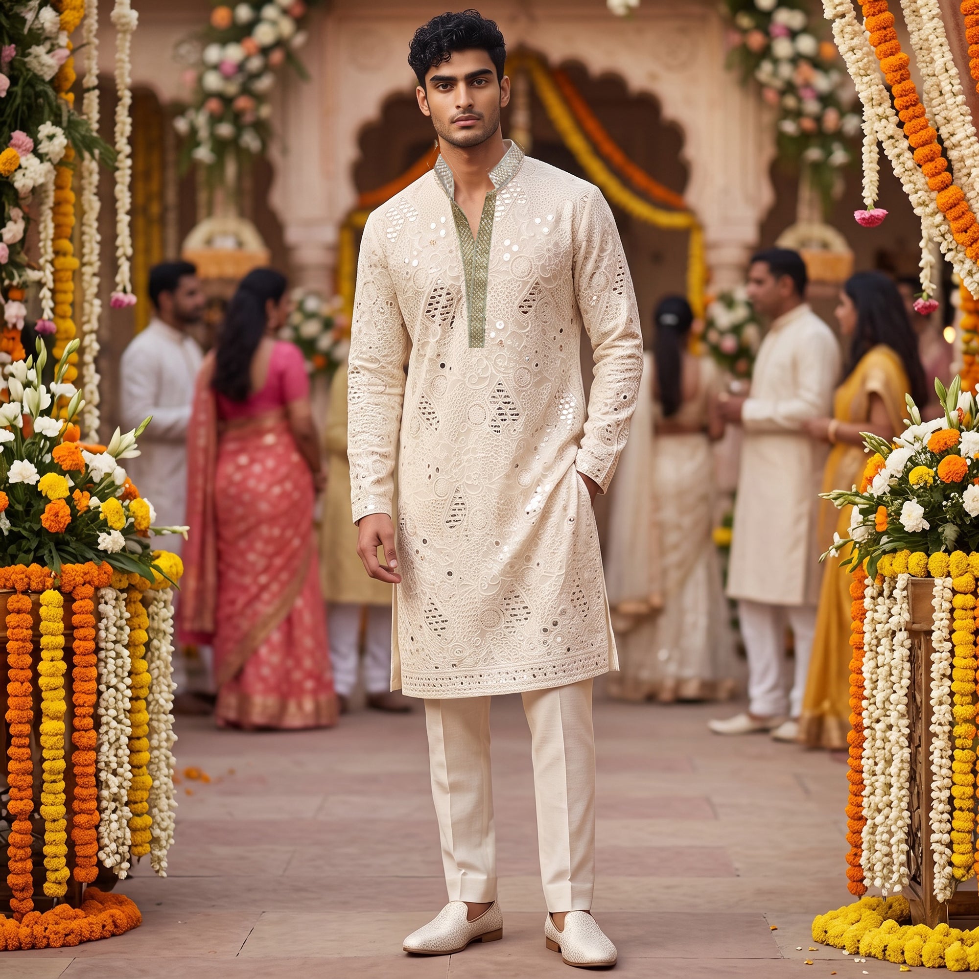 Cream Mirror Heavy Lucknowi Kurta