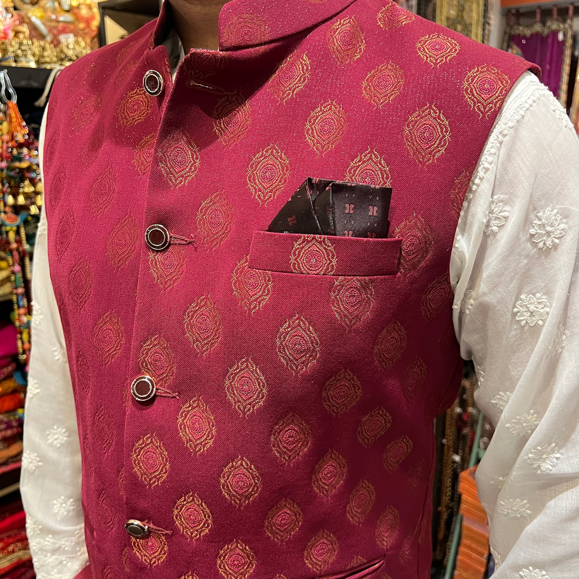 YD Crimson Brocade Vest - Vintage India NYC