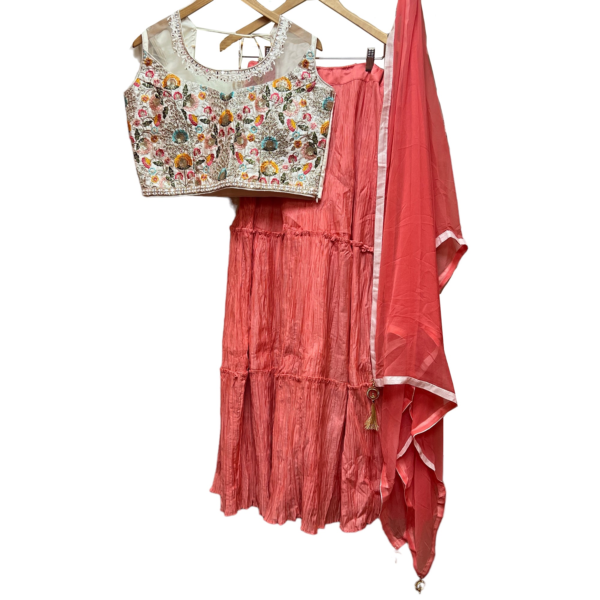 Crinkled Lehenga with Floral Blouse-2 Colors - Vintage India NYC