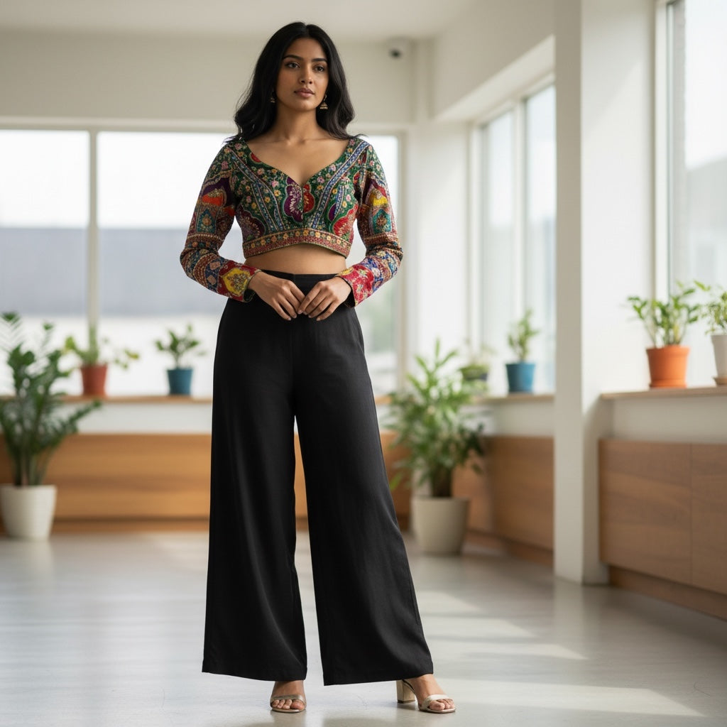 Long Sleeve V Neck Patchwork Choli Blouse-Colors