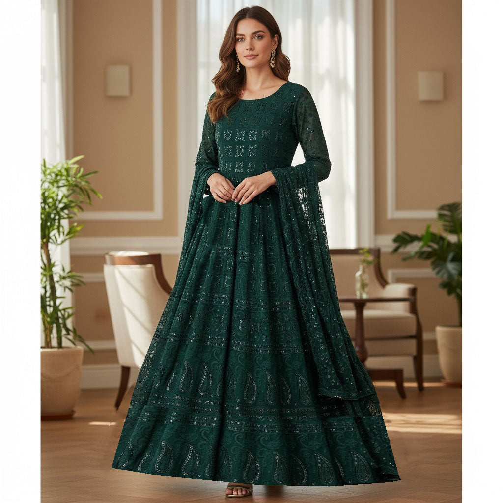 Dark Green Sequin Anarkali Gown Set - Vintage India NYC