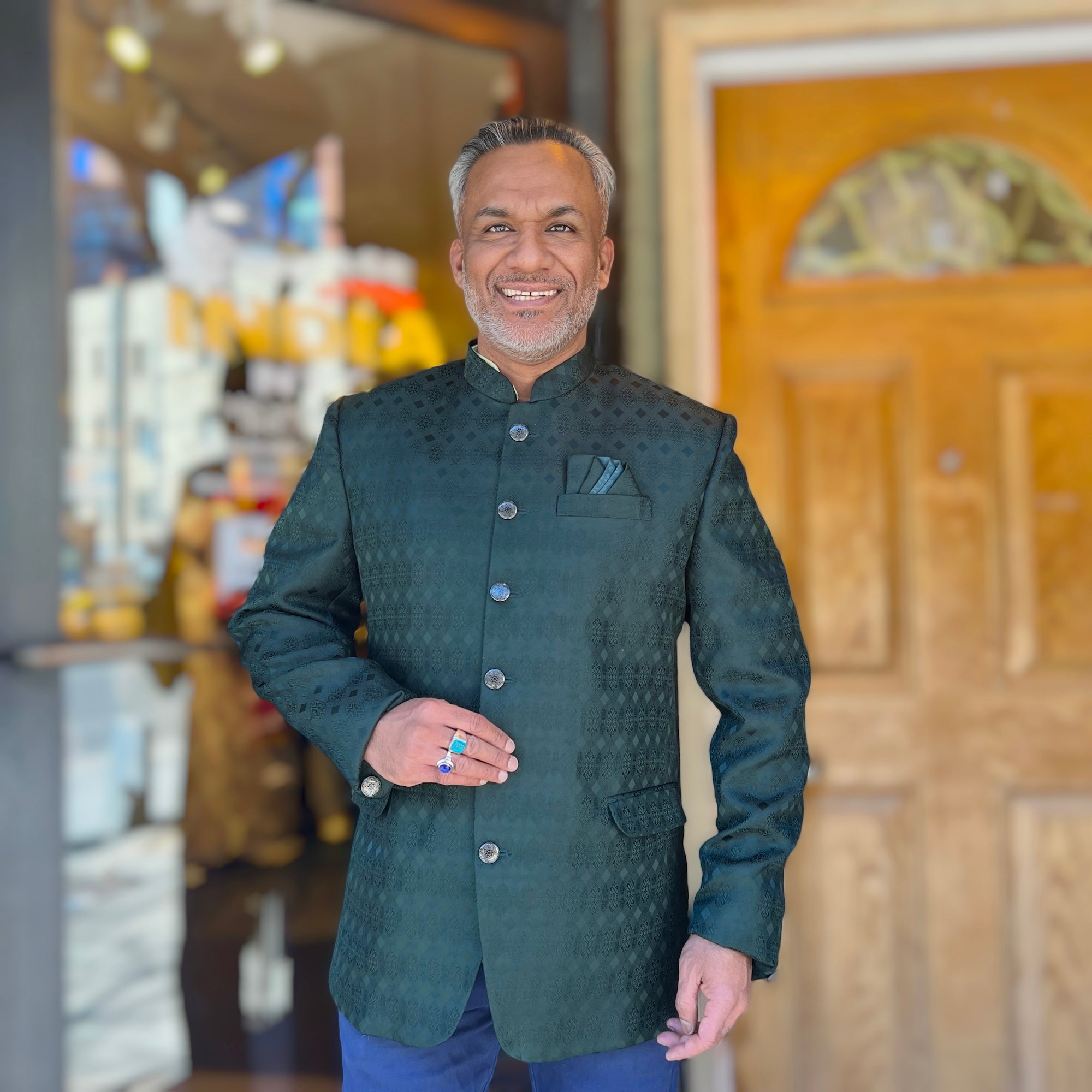 Dark Green Jacquard Jodhpuri Jacket