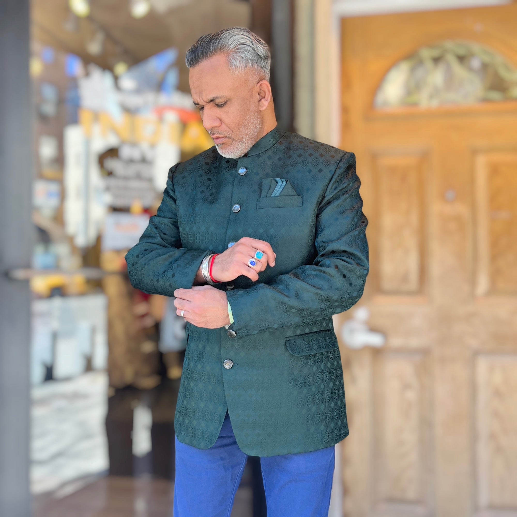 Dark Green Jacquard Jodhpuri Jacket