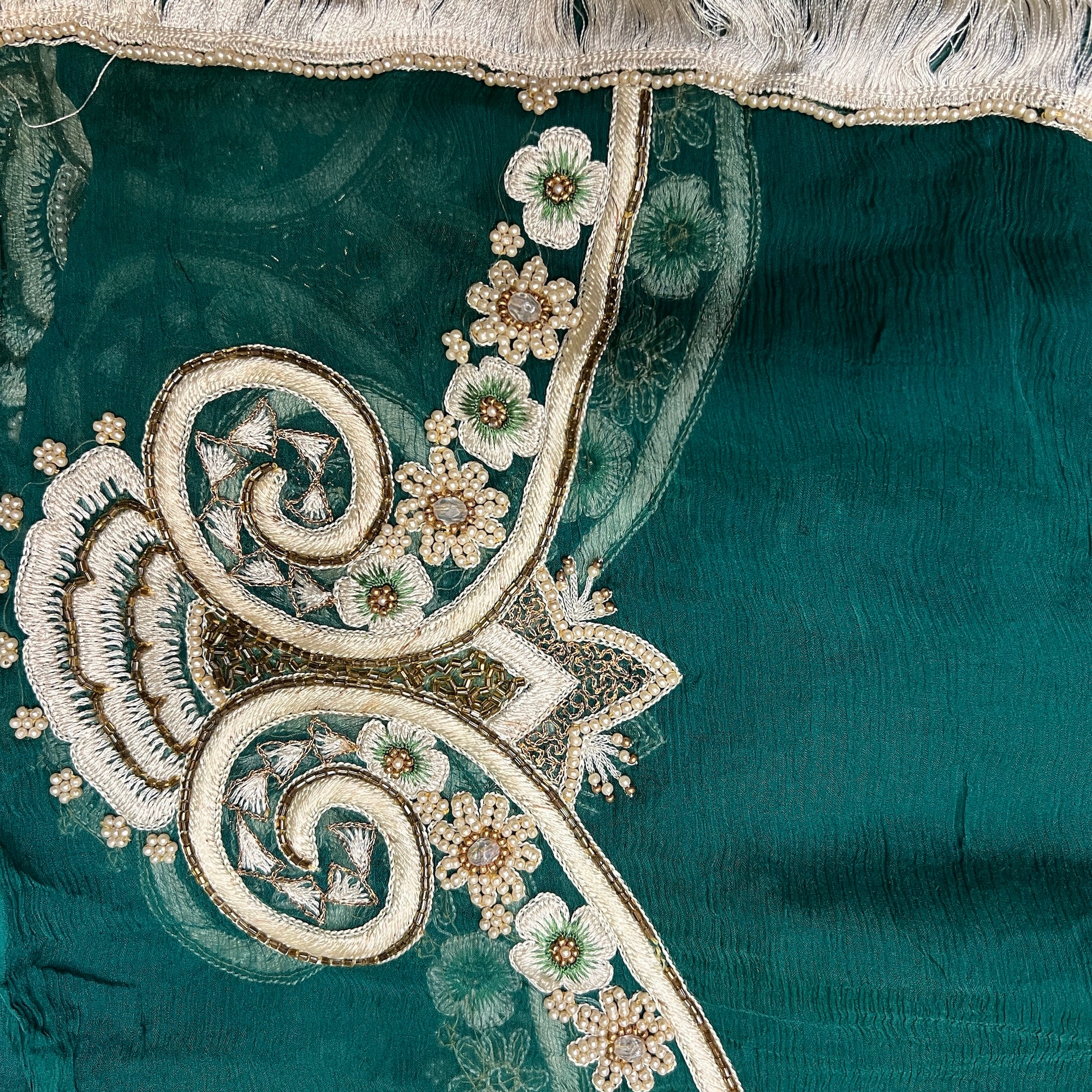 Dark Green Pearl Heavy Work Dupatta - Vintage India NYC